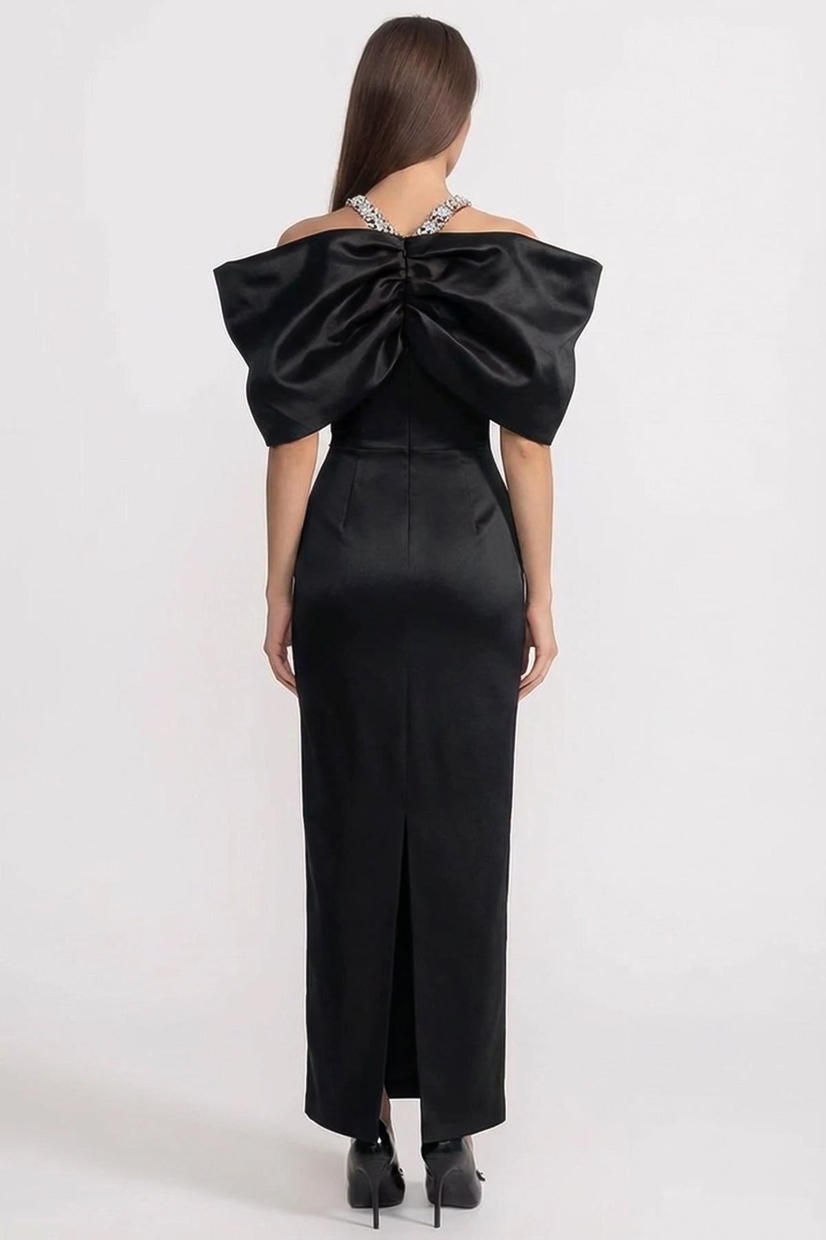 Embellished Bow-Neck Maxi Dress with Crystal Straps – Black