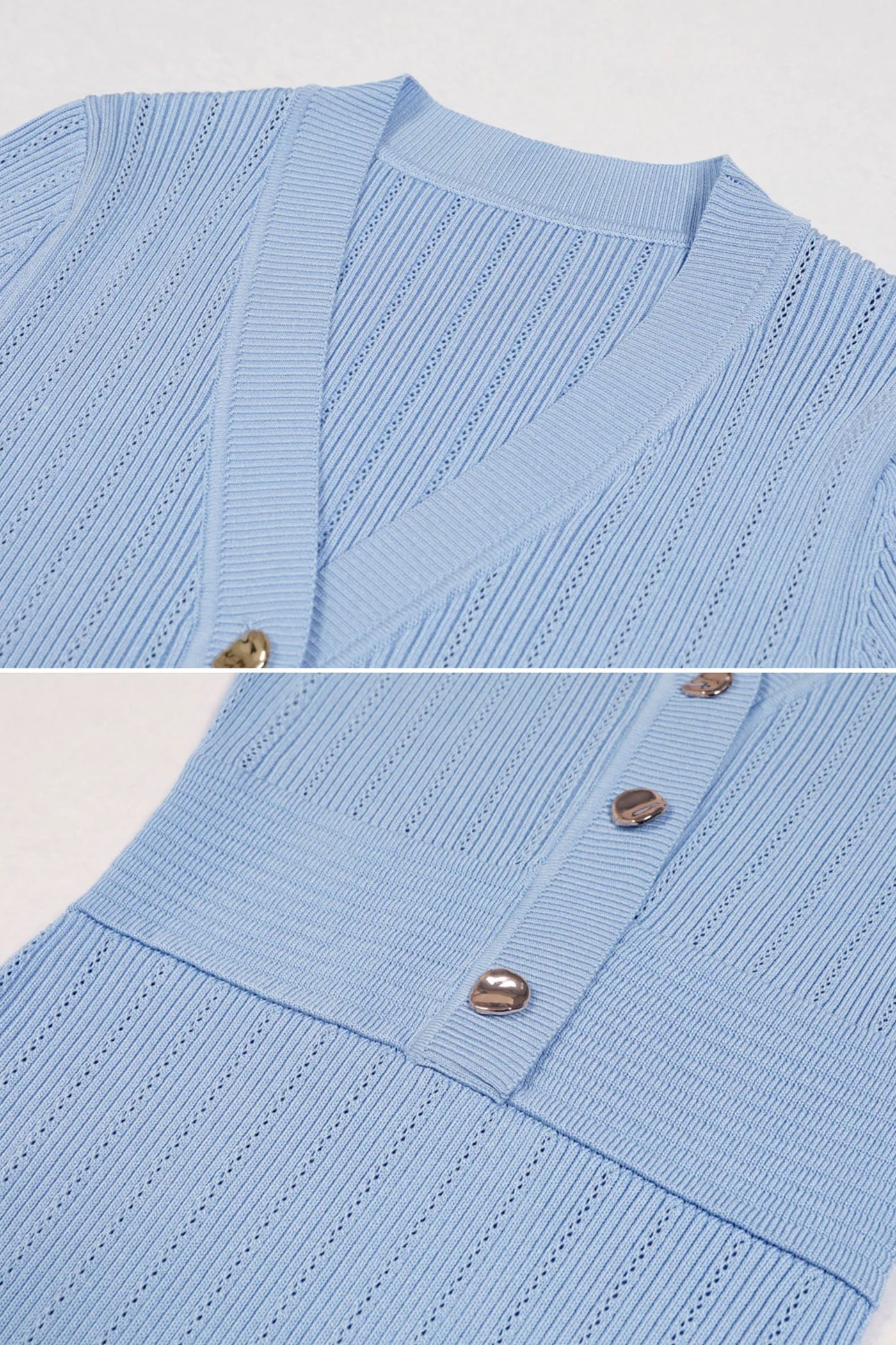 فستان ميدي بأكمام قصيرة مضلعة وياقة على شكل حرف V مع أزرار ذهبية - أزرق 