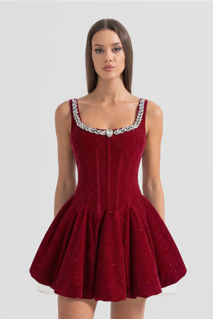 Velvet Corset Mini Dress with Crystal-Embellished Neckline – Burgundy