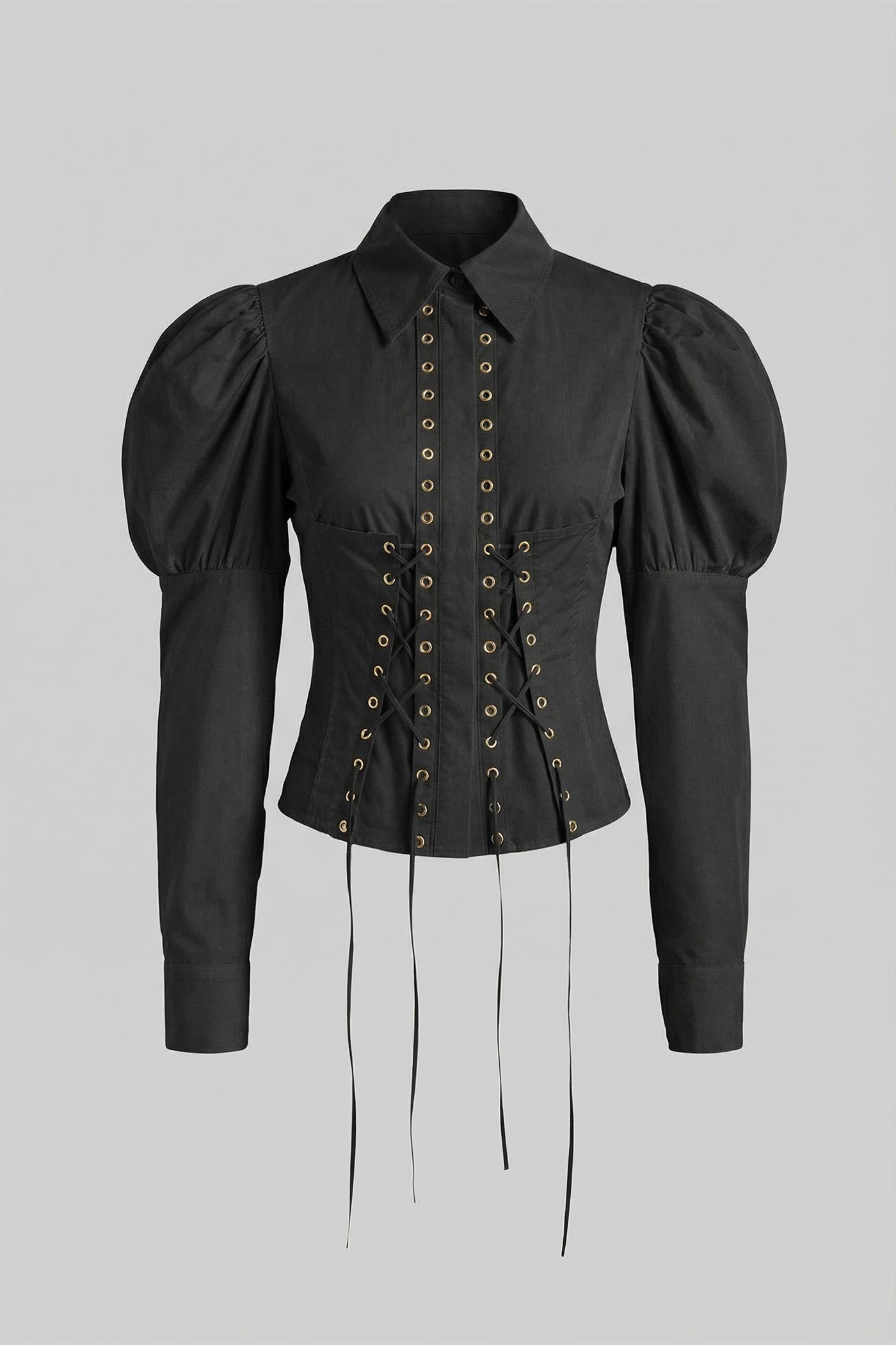 Long Sleeve Shirt With Corset Lace-Up Detail - Black