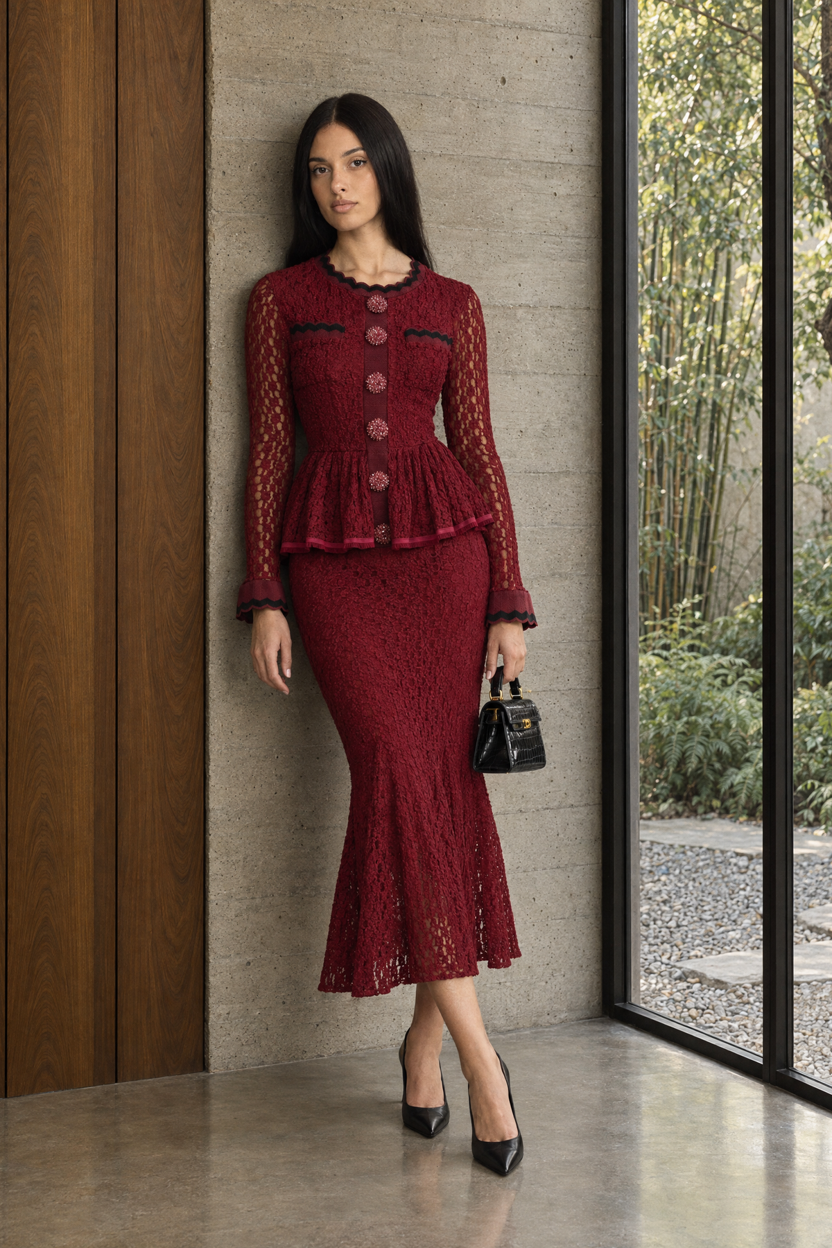 Crochet Knit Peplum Midi Dress with Ric-Rac Trim - Wine