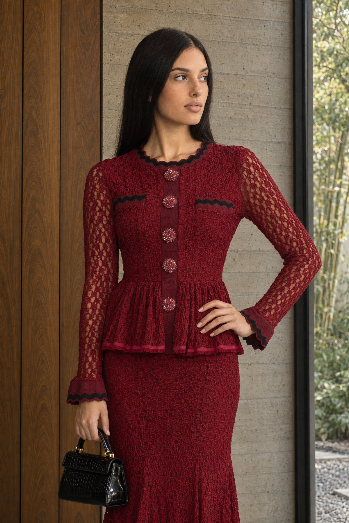 Crochet Knit Peplum Midi Dress with Ric-Rac Trim - Wine