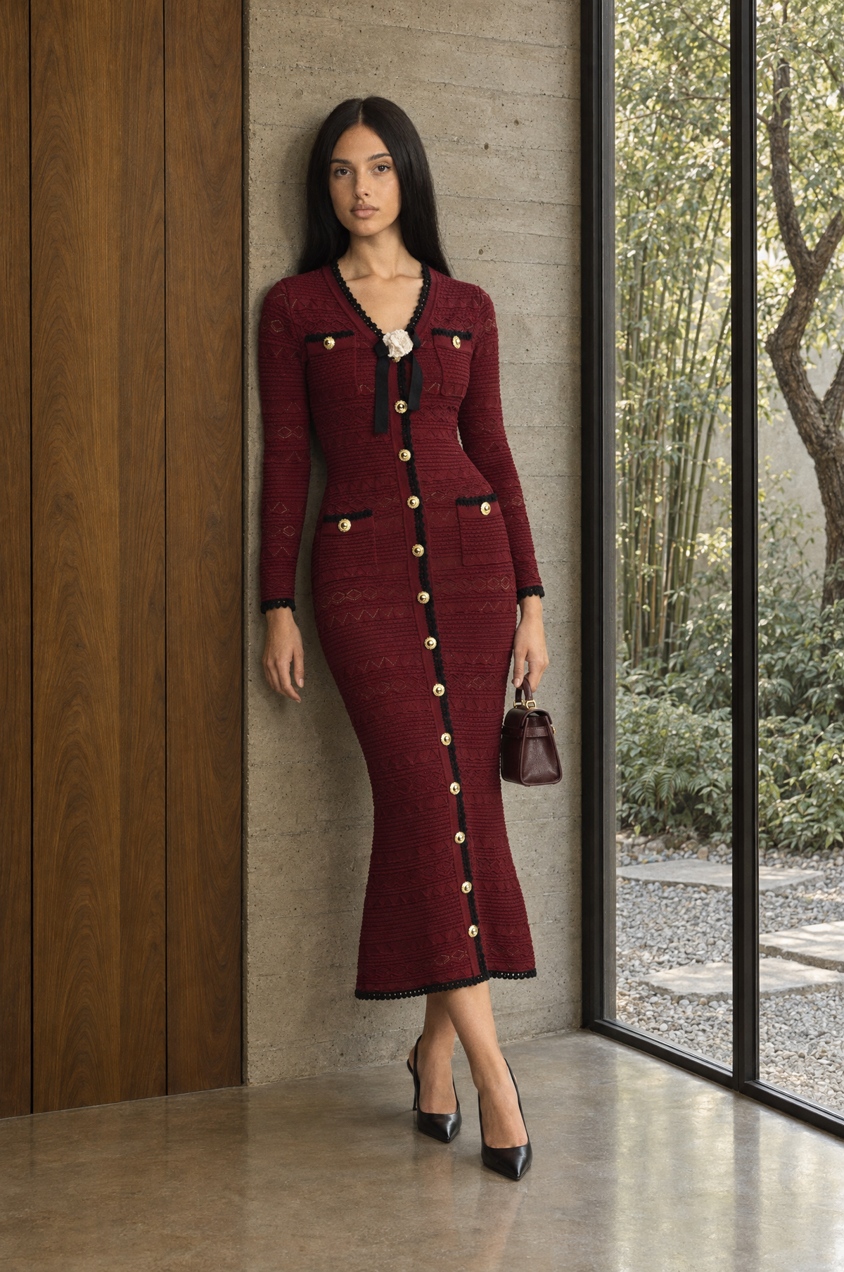 Crochet Trim Knit Button Midi Dress with Flower Brooch - Wine