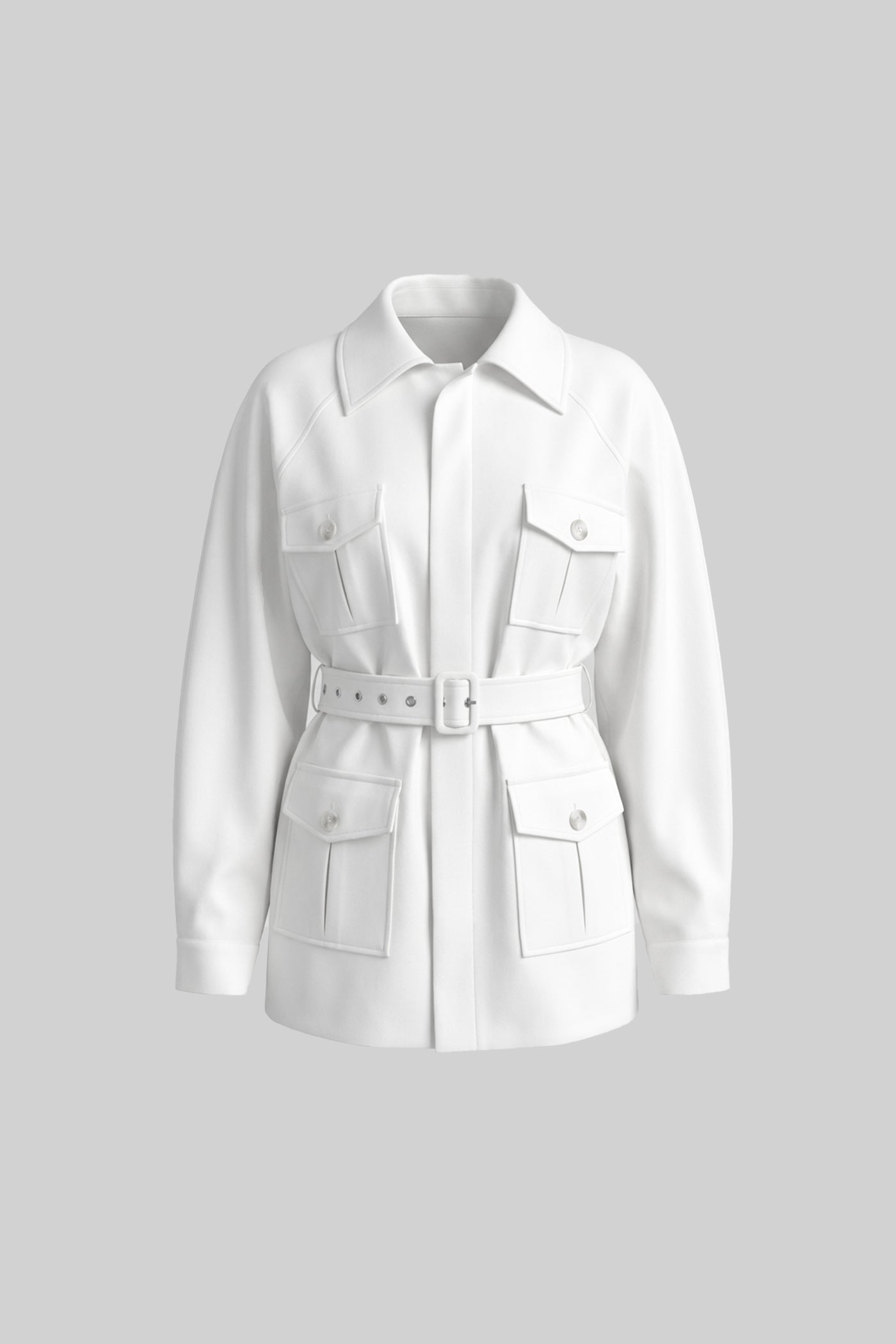 Belted Trench-Coat Jacket With Oversized Patch Pockets - White