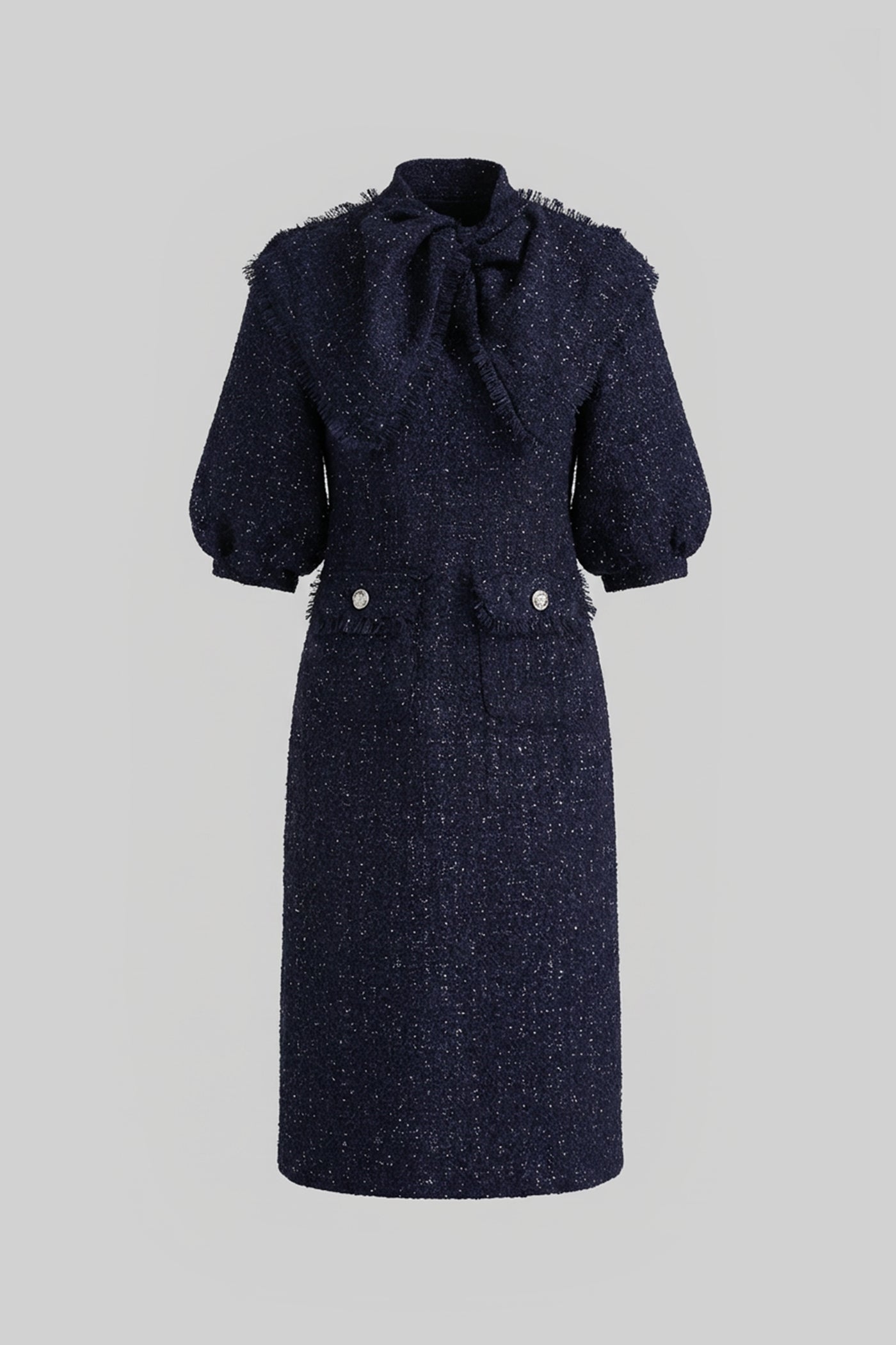 Tweed Midi Dress With Oversized Bow Neck Detail - Navy
