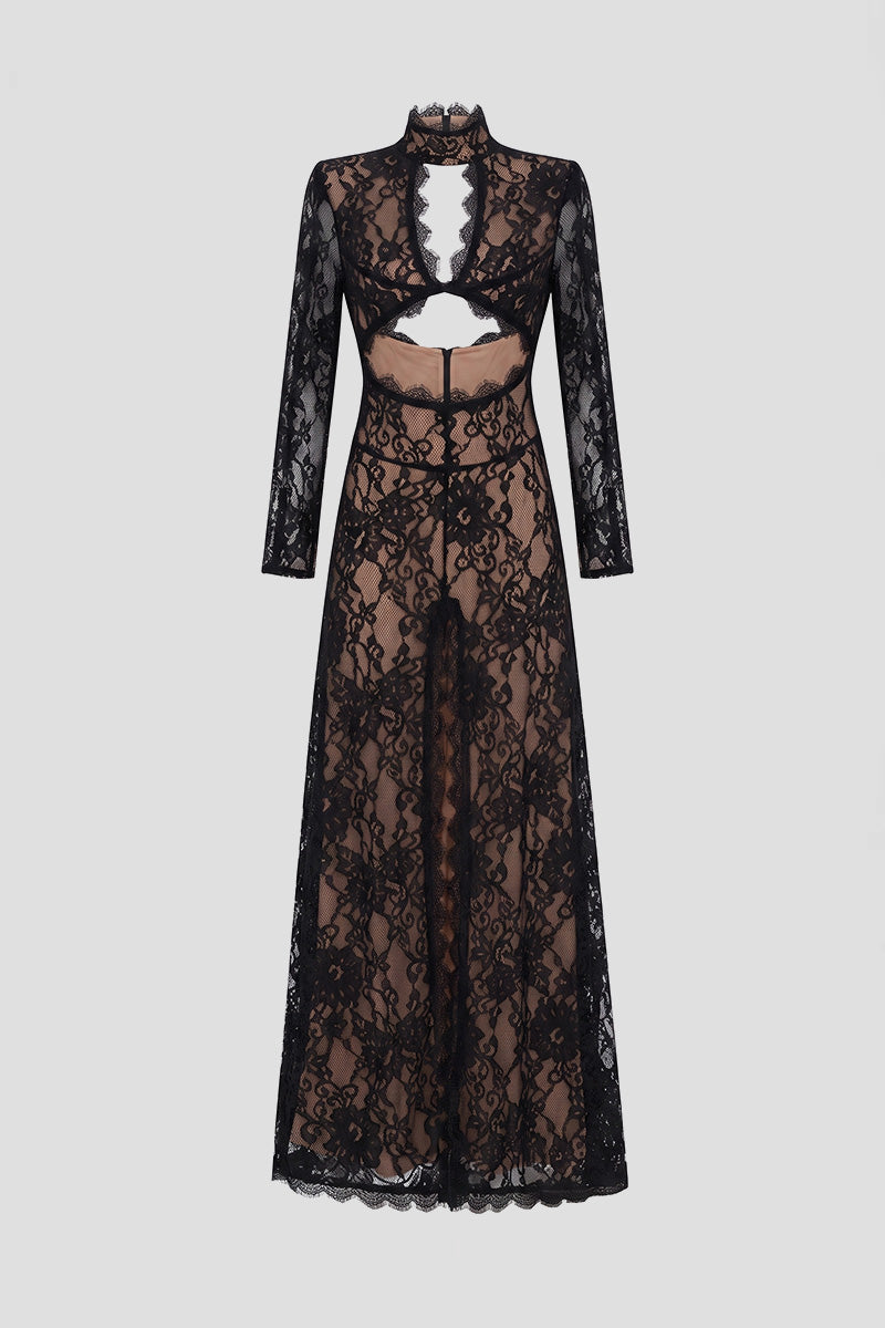 Elegant Lace Gown With High Neck, Front Cutout And Slit - Black