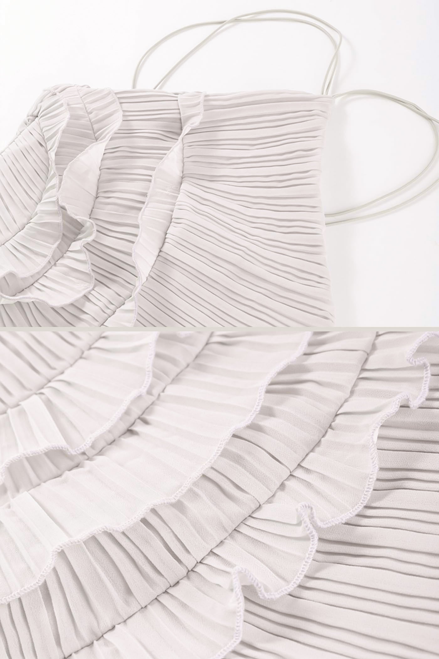 Pleated Halter Midi Dress With Cascading Ruffle Details - White