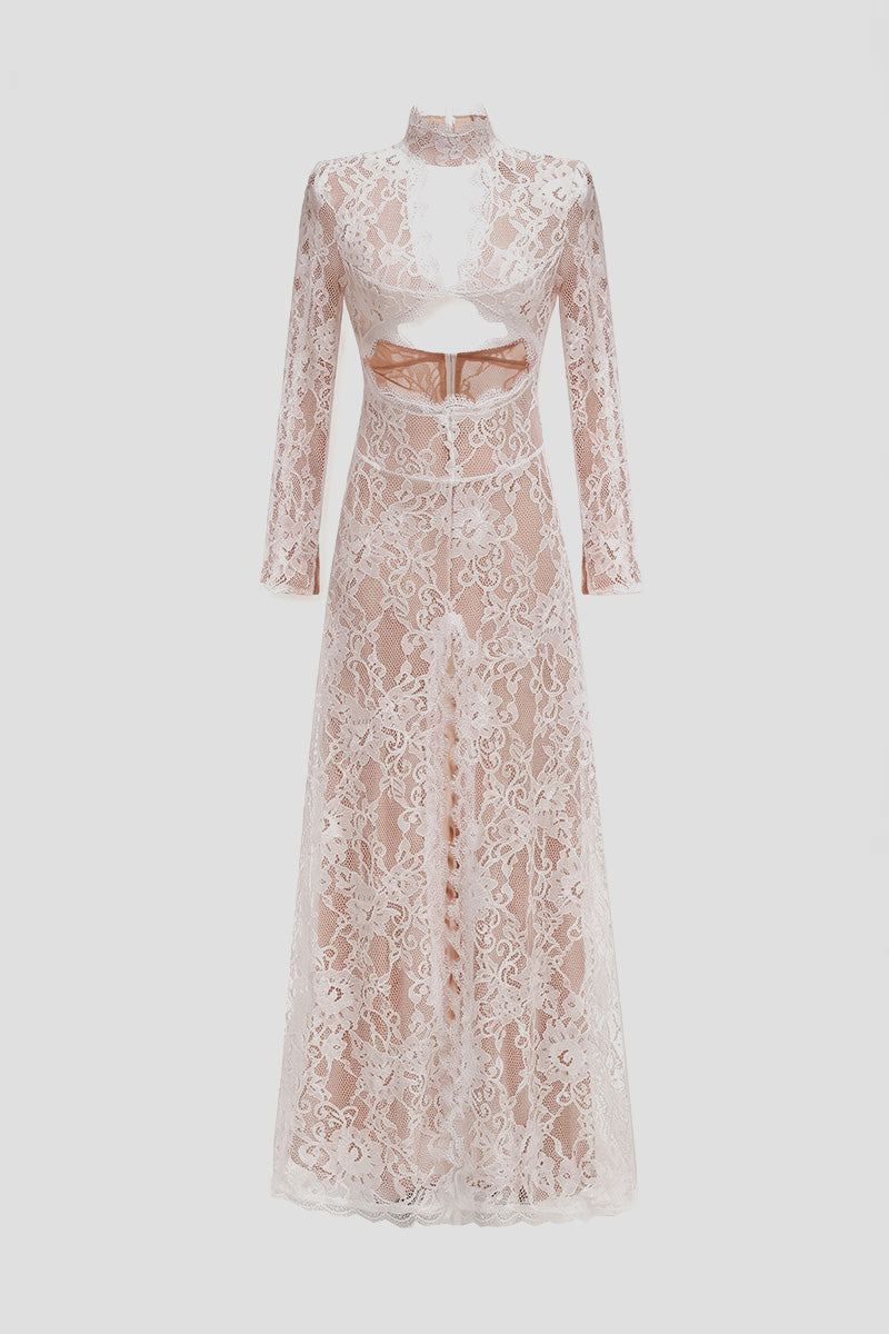 Elegant Lace Gown With High Neck, Front Cutout And Slit - White