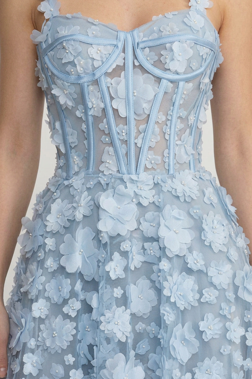 Floral Appliqué Maxi Dress With Corset Bodice - Blue