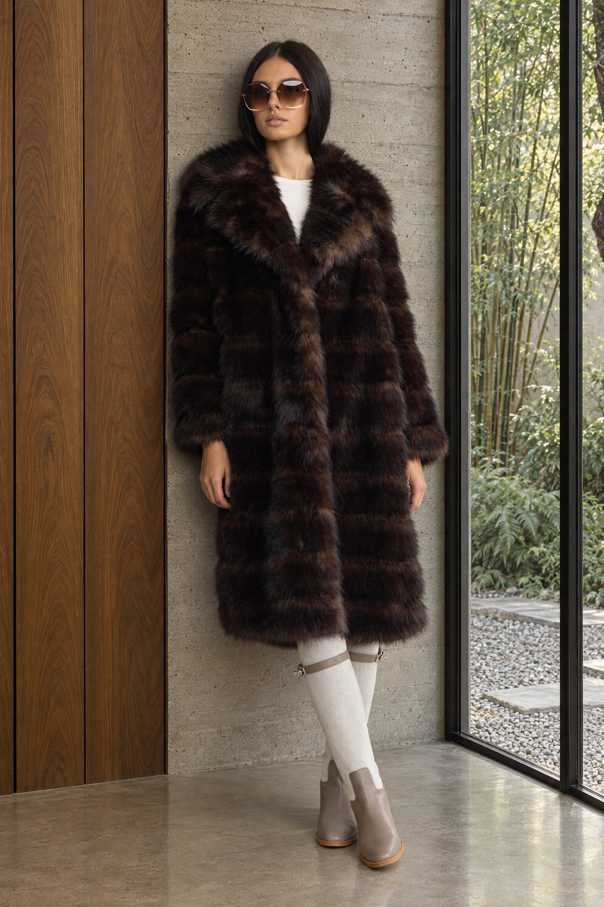 Fur-Effect Panelled Longline Coat - Chocolate