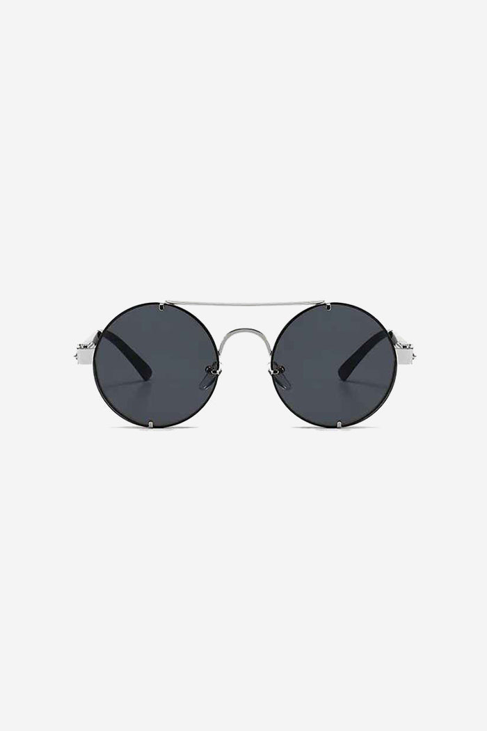 Rimless Round Sunglasses with Double Bridge and Temple Springs – Black/Silver