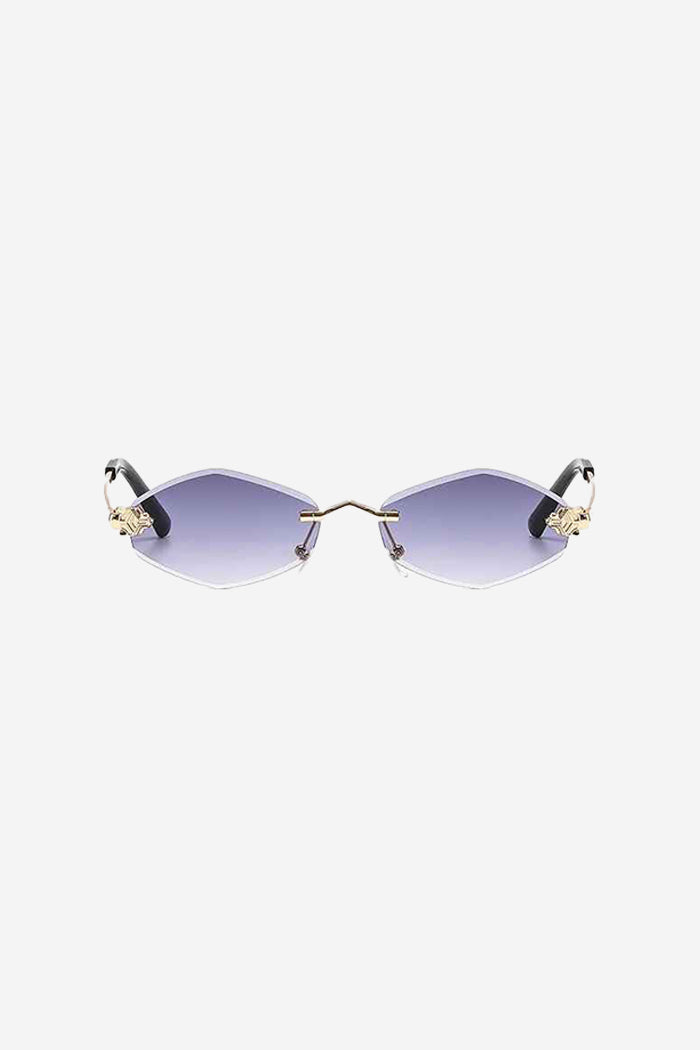 Rimless Hexagon Sunglasses with Gold Patterned Temples – Purple