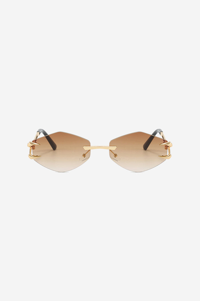 Rimless Geometric Sunglasses with Spiked Gold Temples – Brown