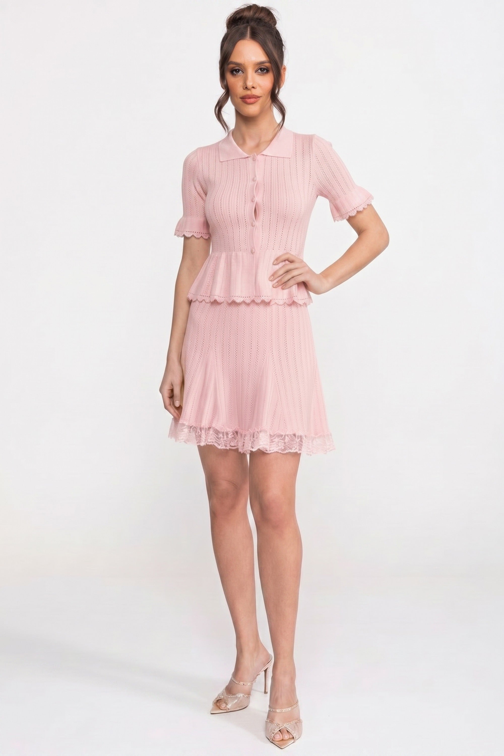 فستان ميني محاك بتصميم Peplum وياقة Peter-Pan مع حاشية دانتيل - Pink 