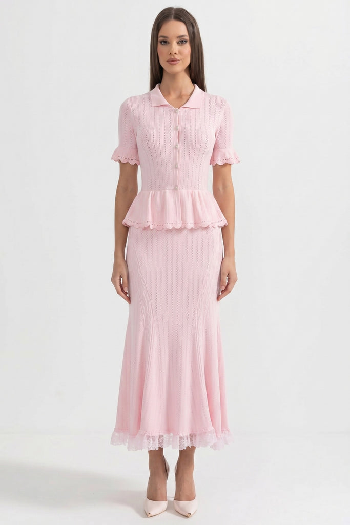 فستان ماكسي محبوك بتصميم Peplum وياقة Peter-Pan وحافة دانتيل - Pink 