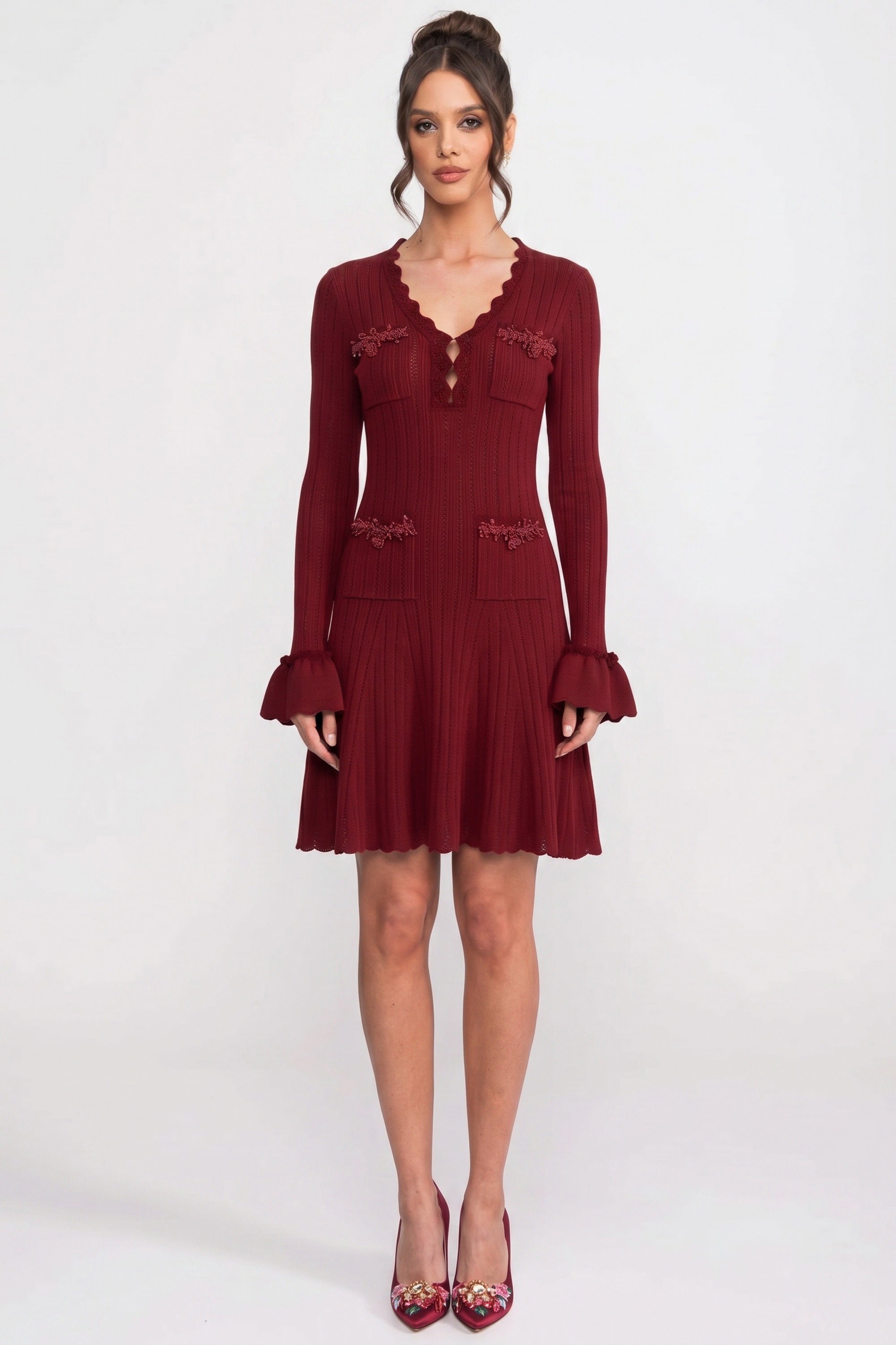 Long-Sleeve V-Neck Knit Mini Dress With Ruffle Hem And Bow Cuffs - Burgundy