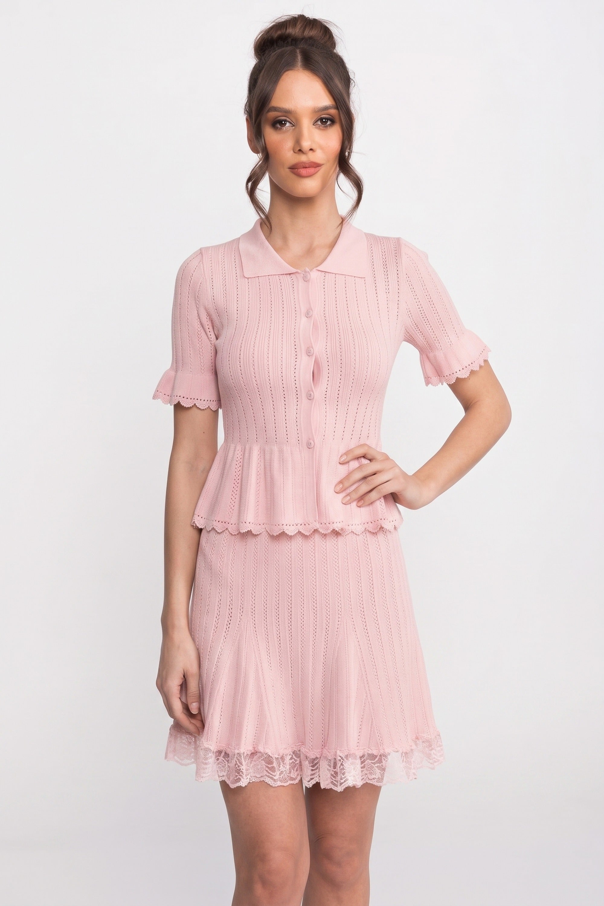 فستان ميني محاك بتصميم Peplum وياقة Peter-Pan مع حاشية دانتيل - Pink 