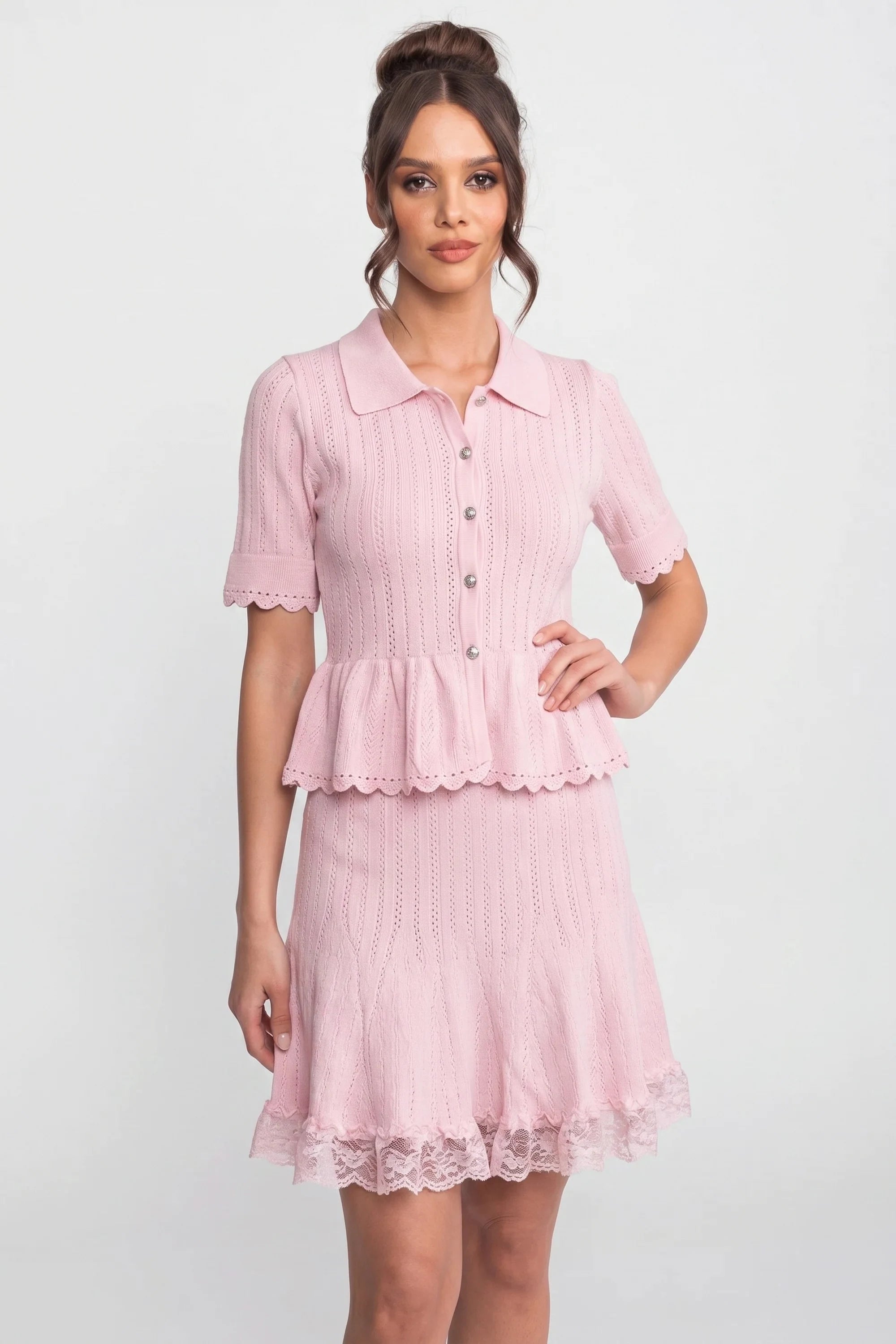 Peter-Pan Collar Knit Peplum Co-Ord set With Lace Hem - Pink