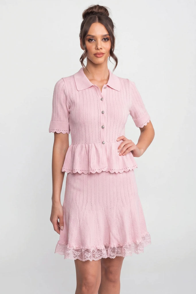 فستان ميني محاك بتصميم Peplum وياقة Peter-Pan مع حاشية دانتيل - Pink 