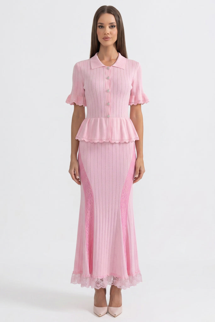 فستان ماكسي محبوك بتصميم Peplum وياقة Peter-Pan وحافة دانتيل - Pink 