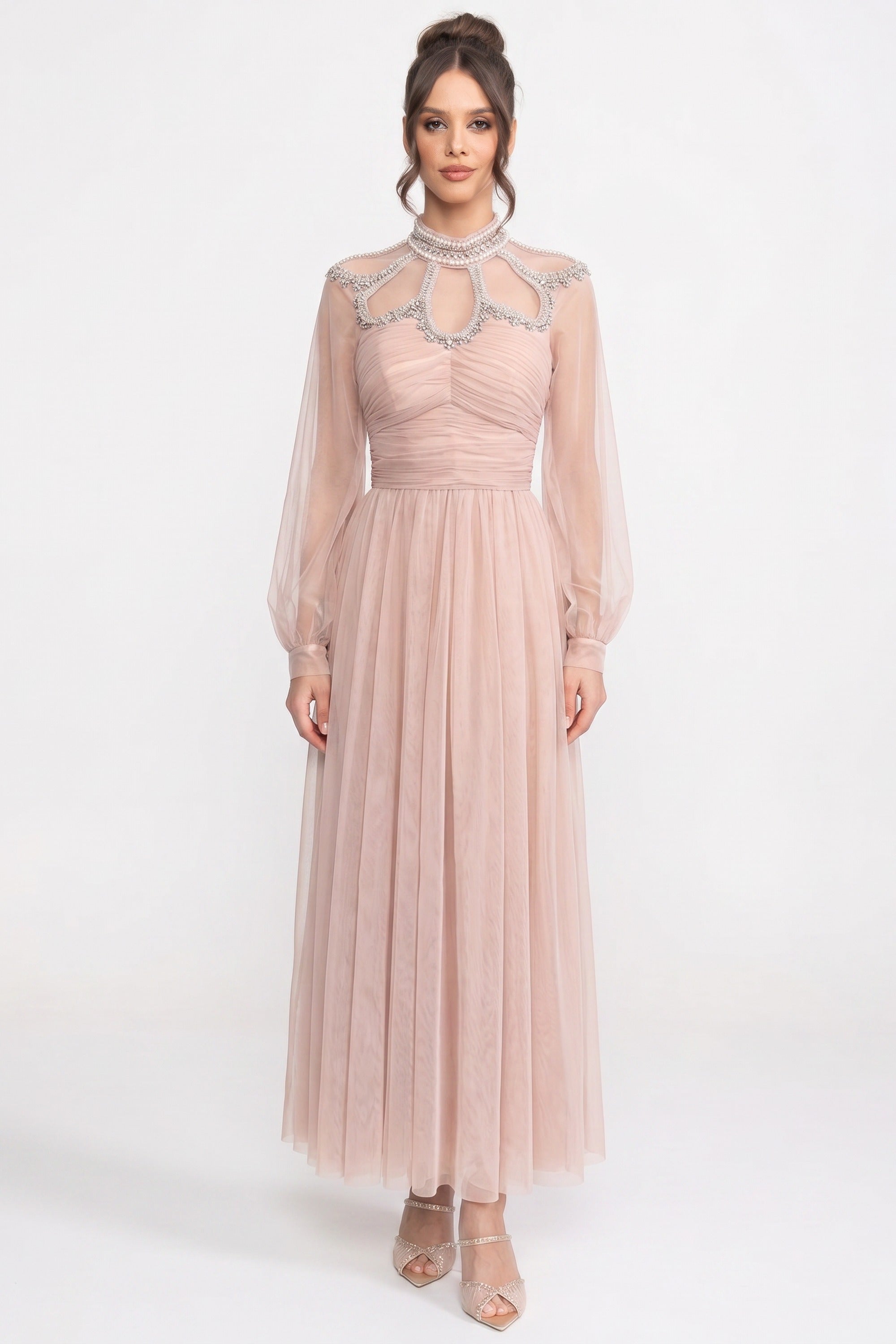 Elegant Dress With Long Sleeves, High Neckline And Ruched Bodice - Peach