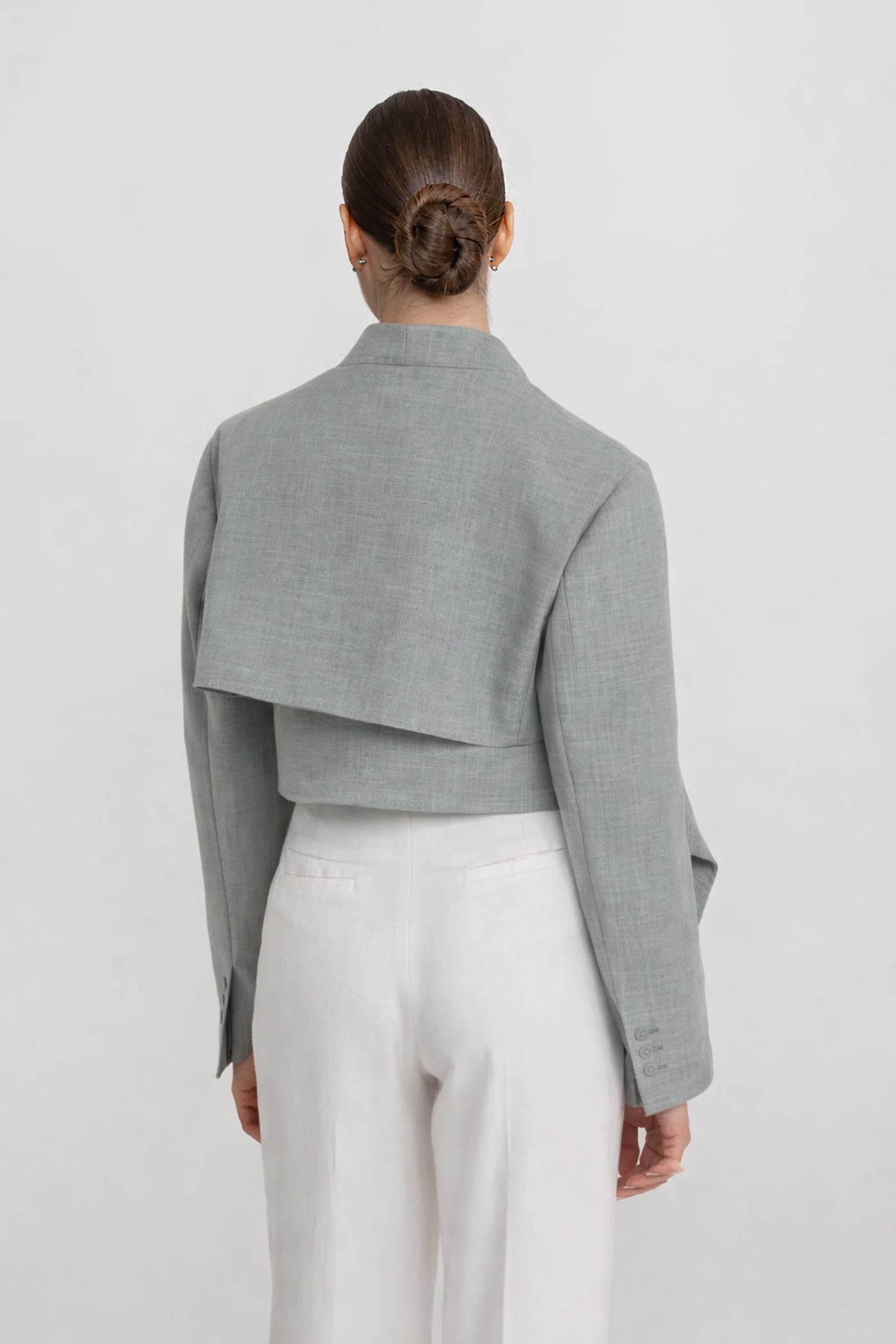 Cropped Long Sleeve Blazer With Cut-Out Waist Detail - Gray