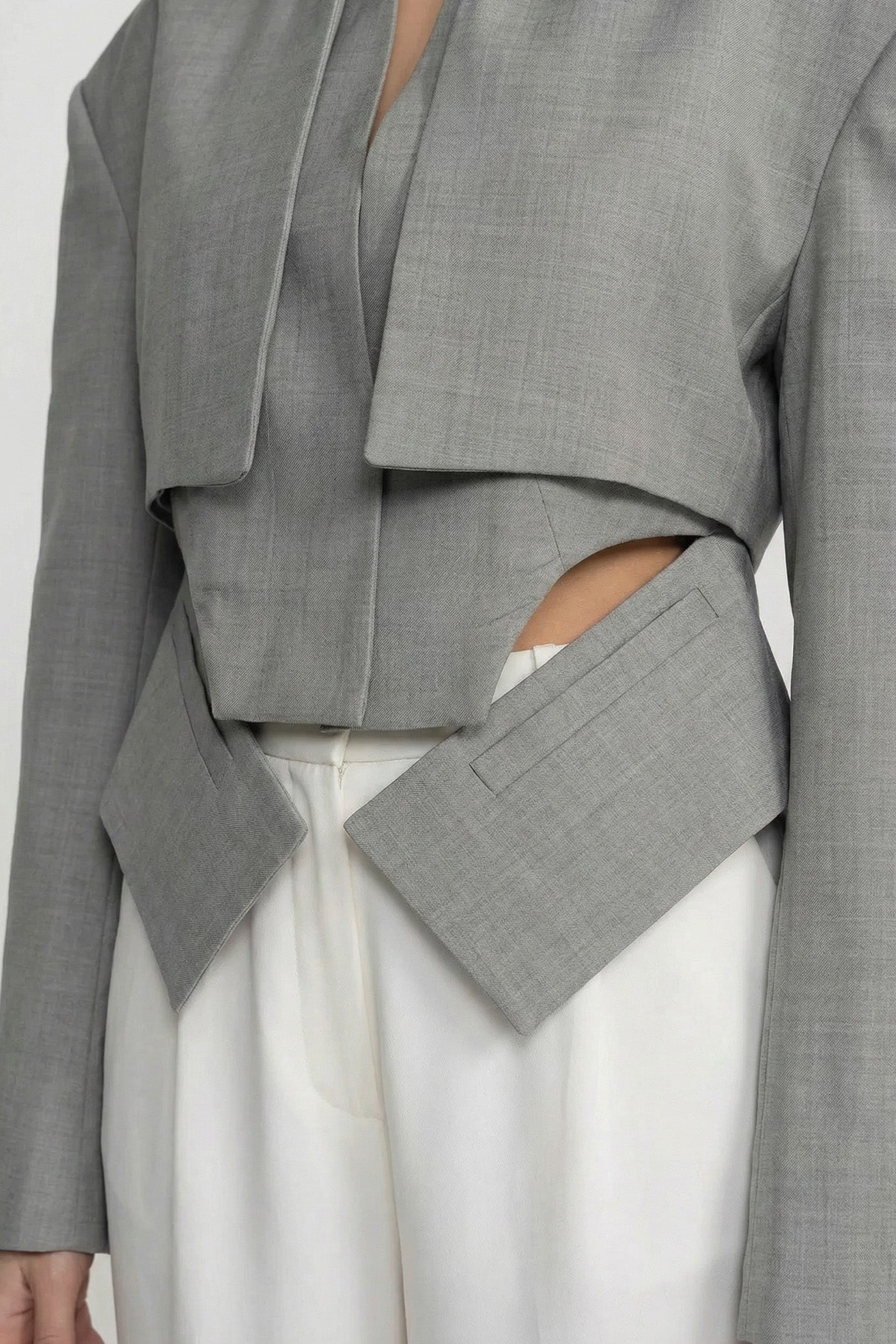 Cropped Long Sleeve Blazer With Cut-Out Waist Detail - Gray