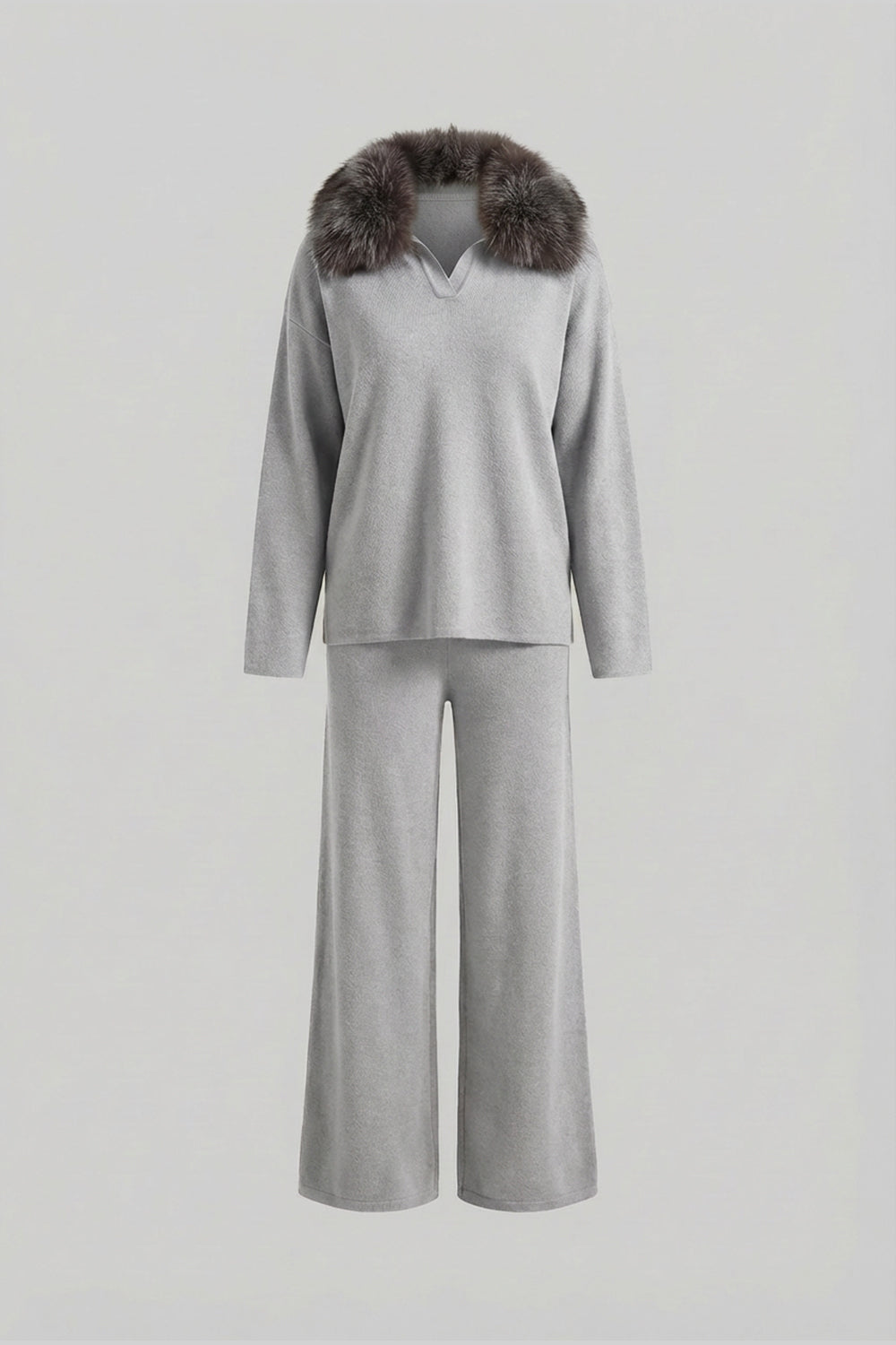 Knit Lounge Co-Ord Set with Fox Fur Collar – Grey