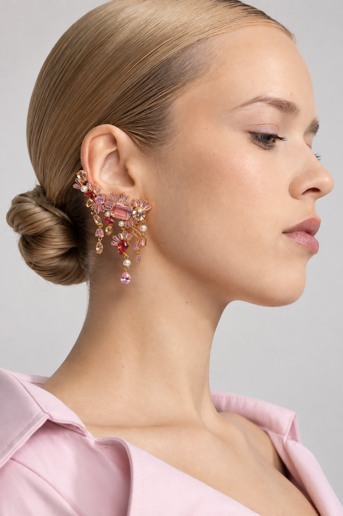 Pink Crystal Floral Cluster Drop Earrings - Gold