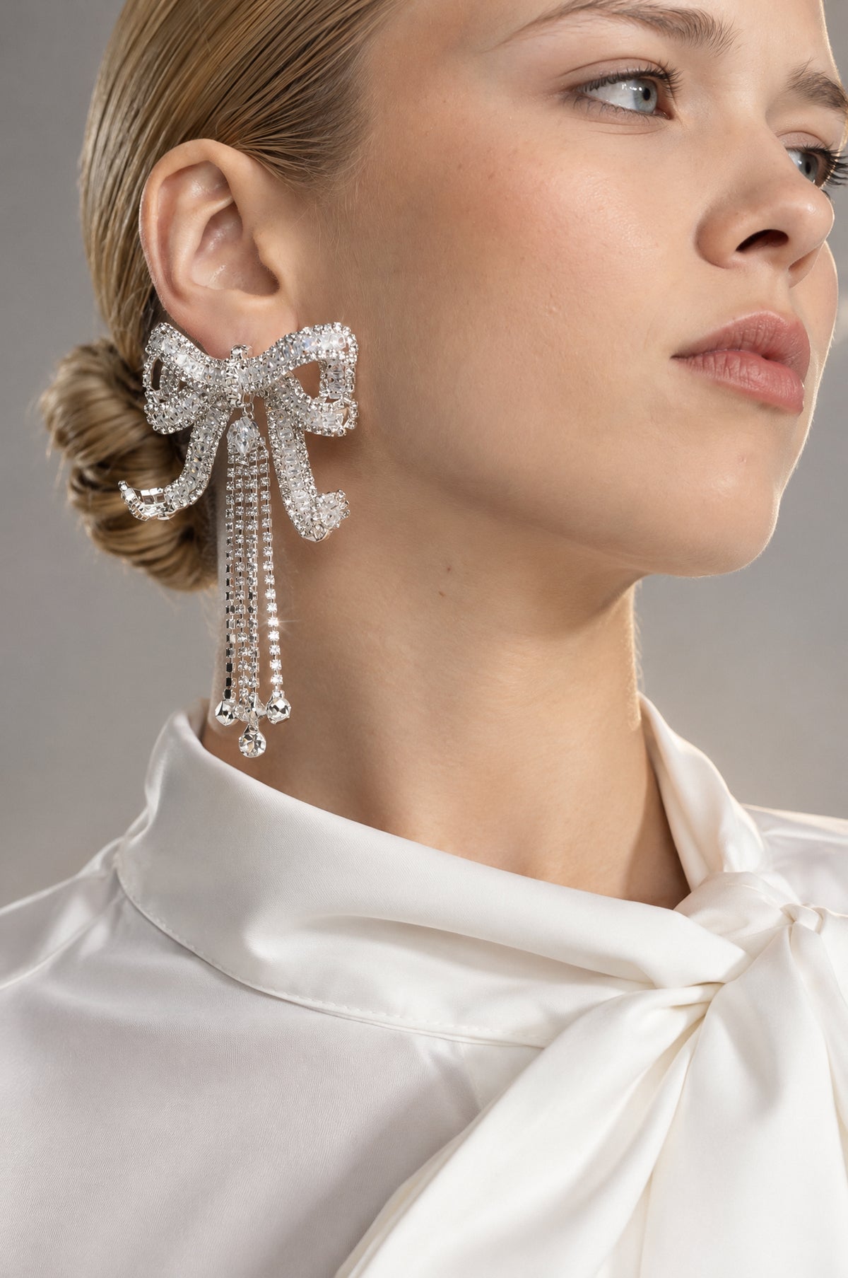 Crystal Bow Fringe Drop Earrings - Silver