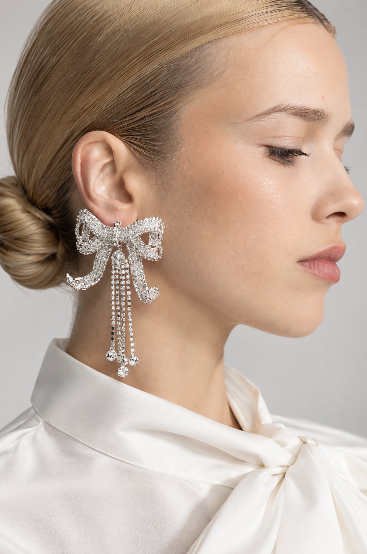 Crystal Bow Fringe Drop Earrings - Silver