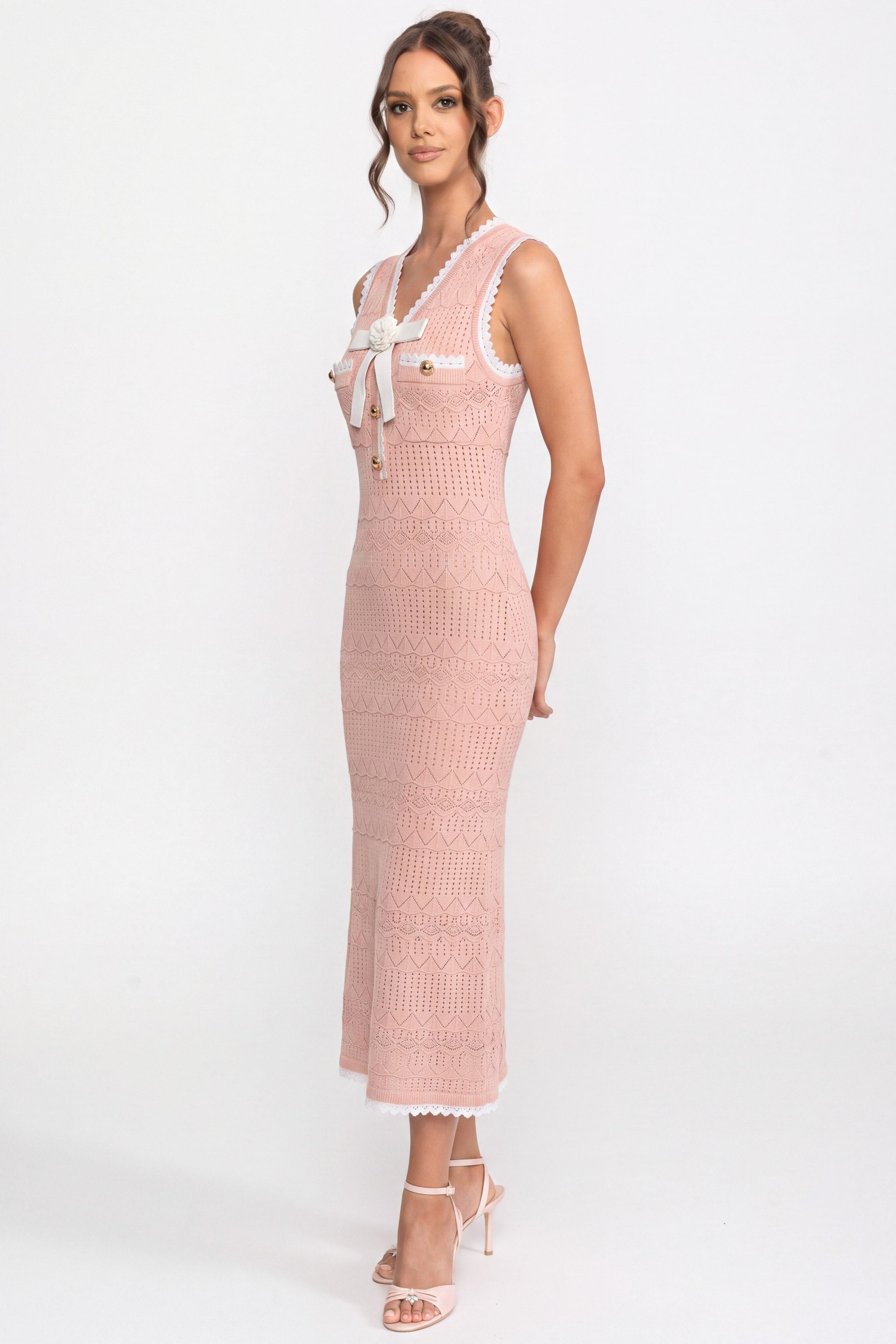 Crochet Knit Midi Dress With Black Trim And Bow - Pink