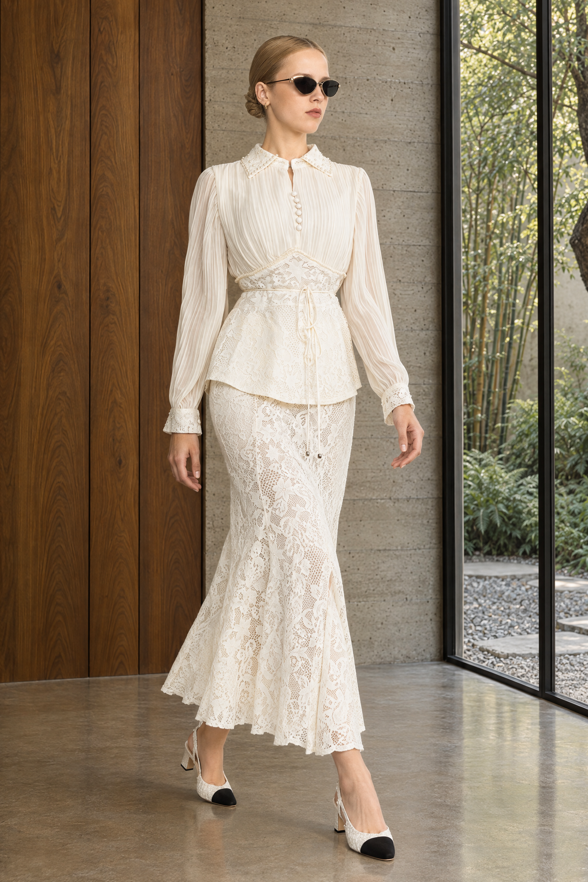 Pleated Chiffon Lace Peplum Blouse and Maxi Skirt Set - Ivoire