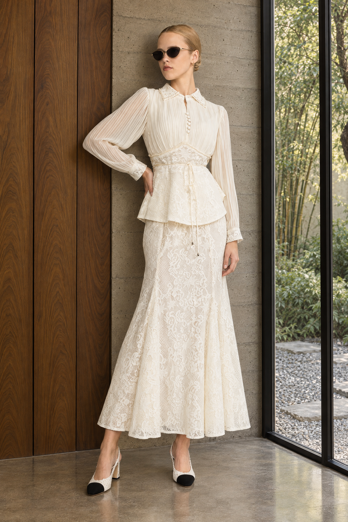 Pleated Chiffon Lace Peplum Blouse and Maxi Skirt Set - Ivoire