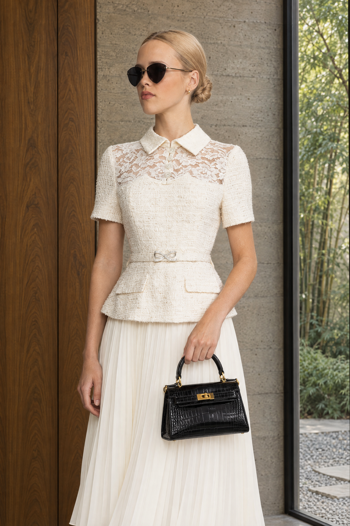 Lace Yoke Tweed Peplum Dress with Pleated Skirt - Ivoire