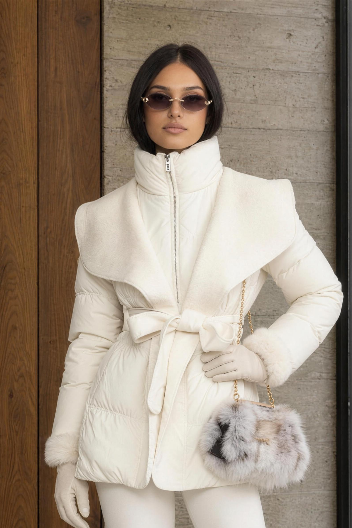 Draped Collar Belted Down Jacket - Ivoire