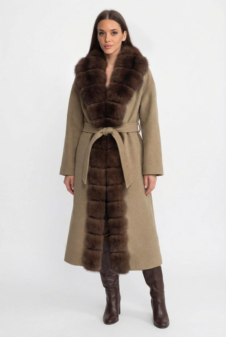 Wool Long Coat with Fox Fur Front – Khaki
