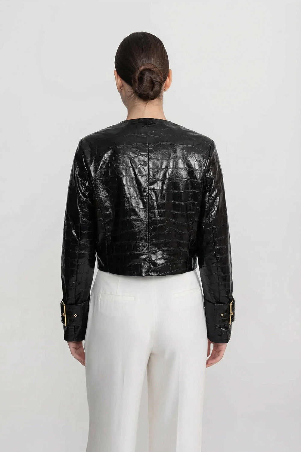 Croc-Effect Cropped Jacket With Gold Button Closure - Black