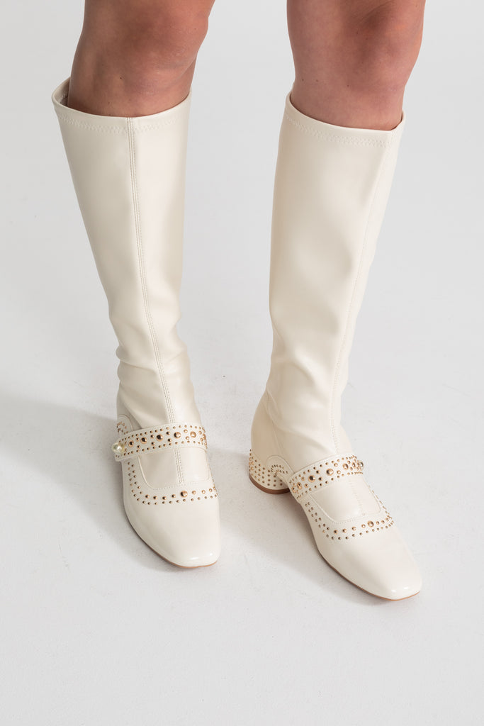 Studded Knee-High Boots With Pearl Strap Detail – Ivoire
