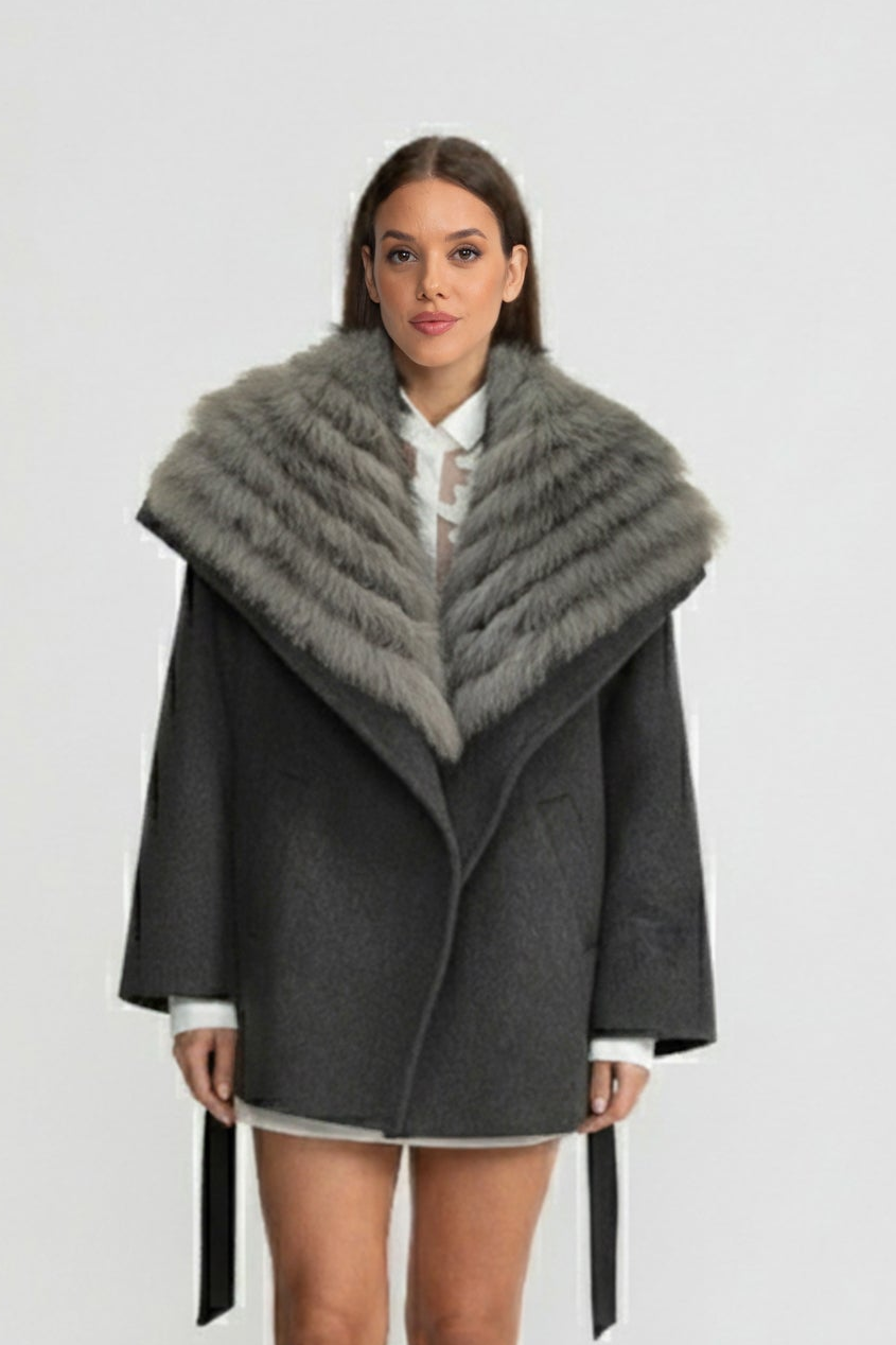 Wool Coat with Oversized Fur Collar And Belt - Gray
