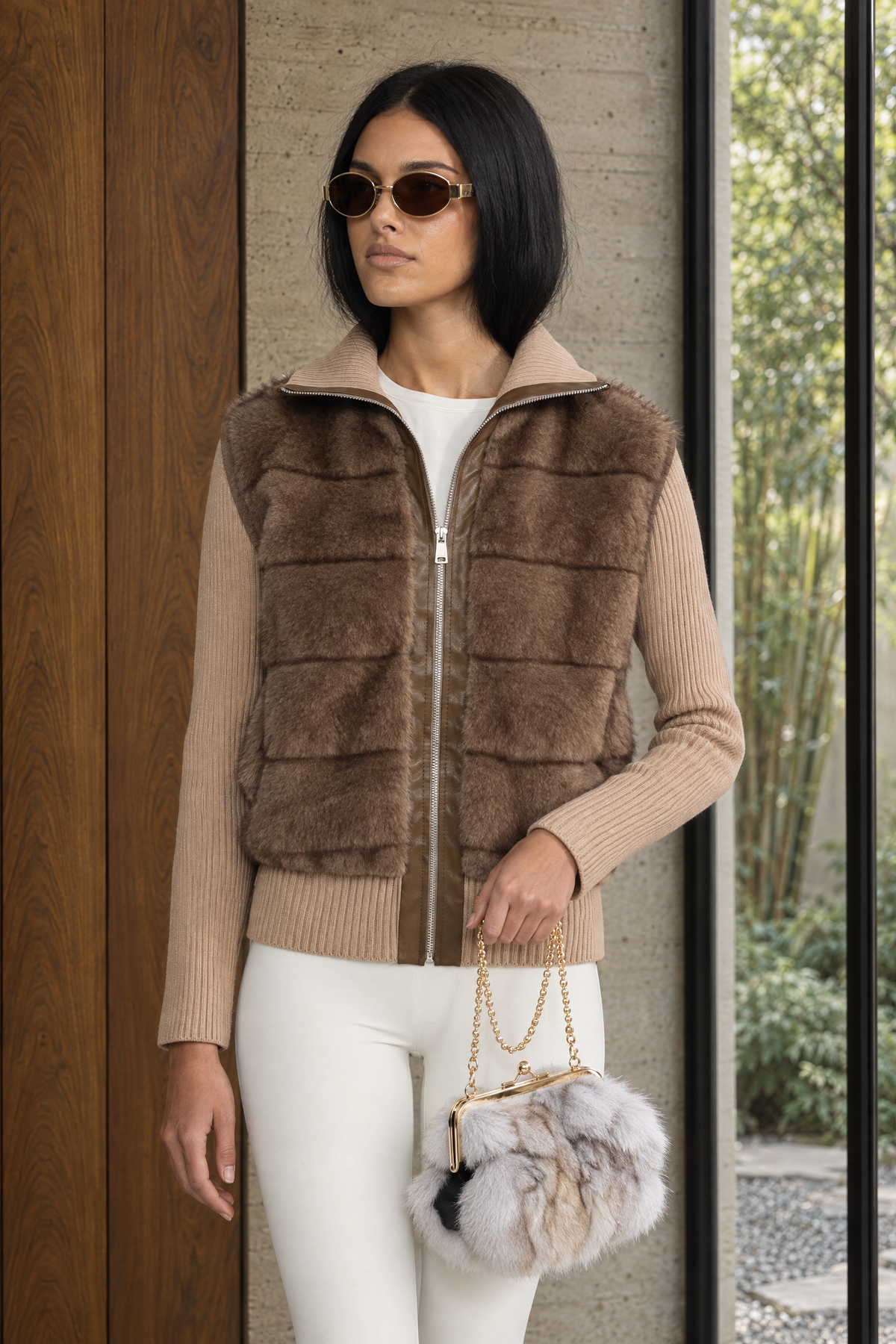 Plush Panel Knit Sleeve Zip Jacket - Mocha