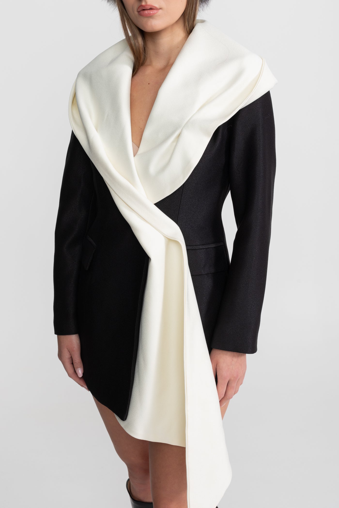 Draped Lapel Asymmetric Blazer Dress – Black/Ivory