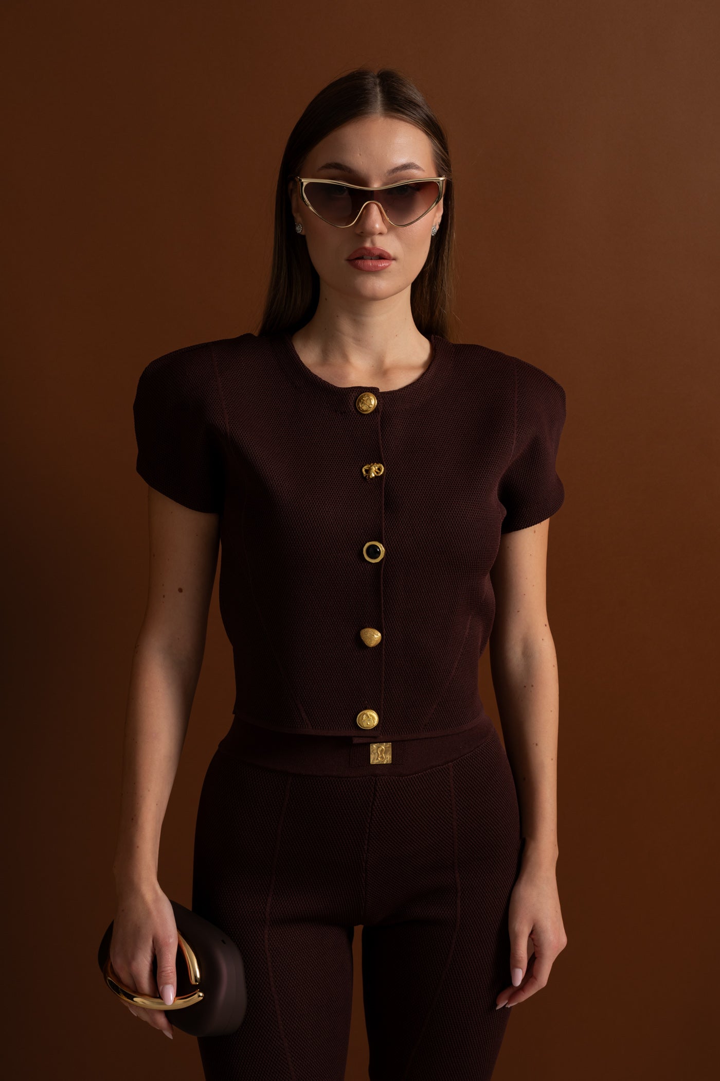 Textured Knit Co-ord Set With Structured Shoulders – Deep Burgundy