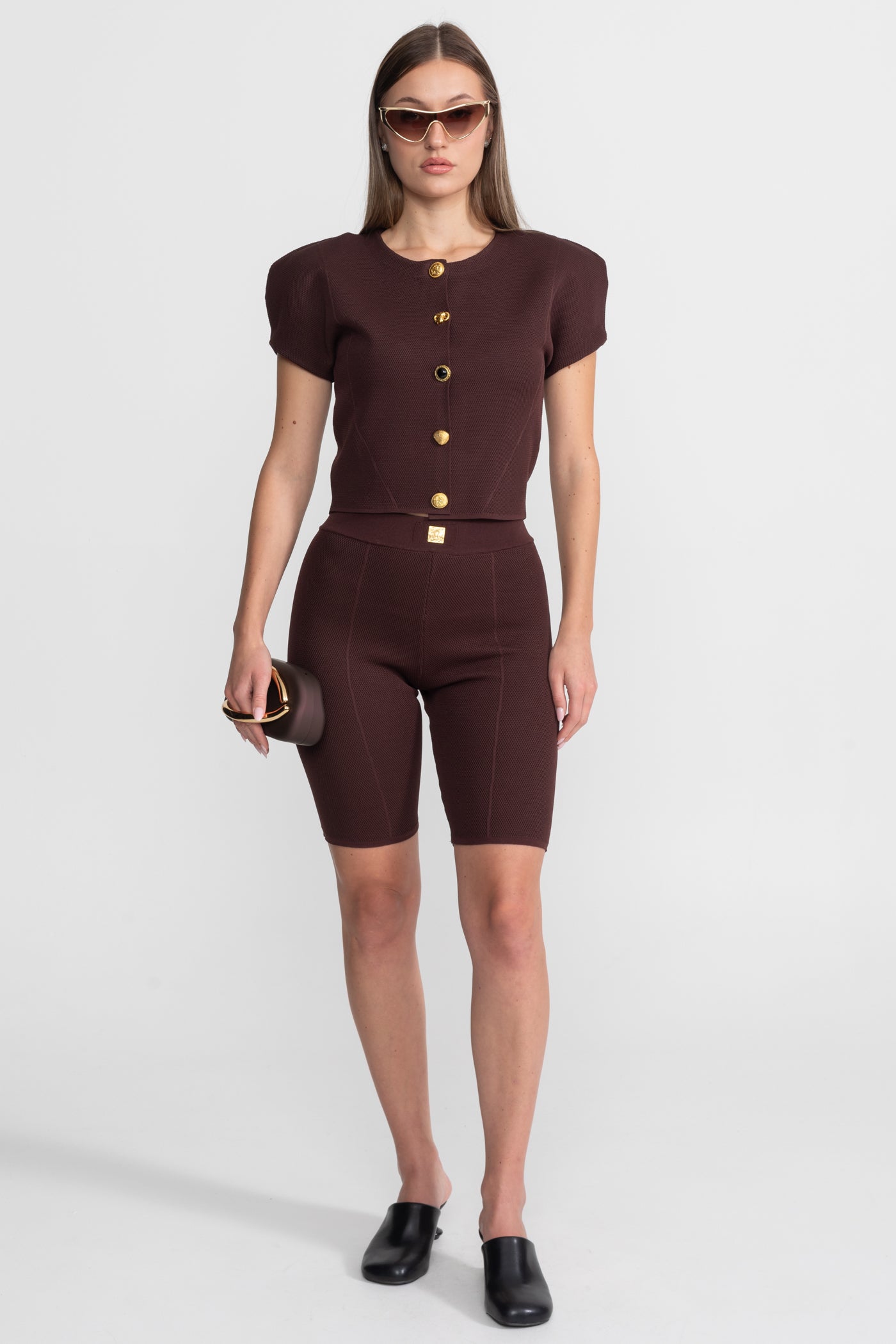 Textured Knit Co-ord Set With Structured Shoulders – Deep Burgundy