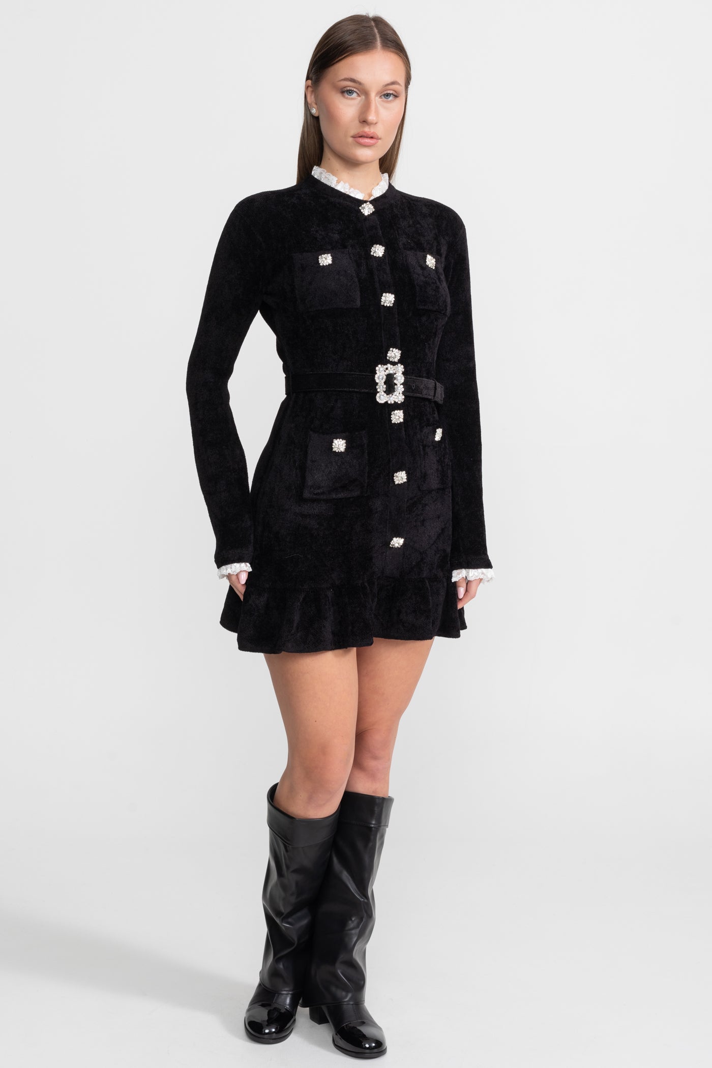 Knit Crystal-Button Mini Dress With Matching Belt – Black