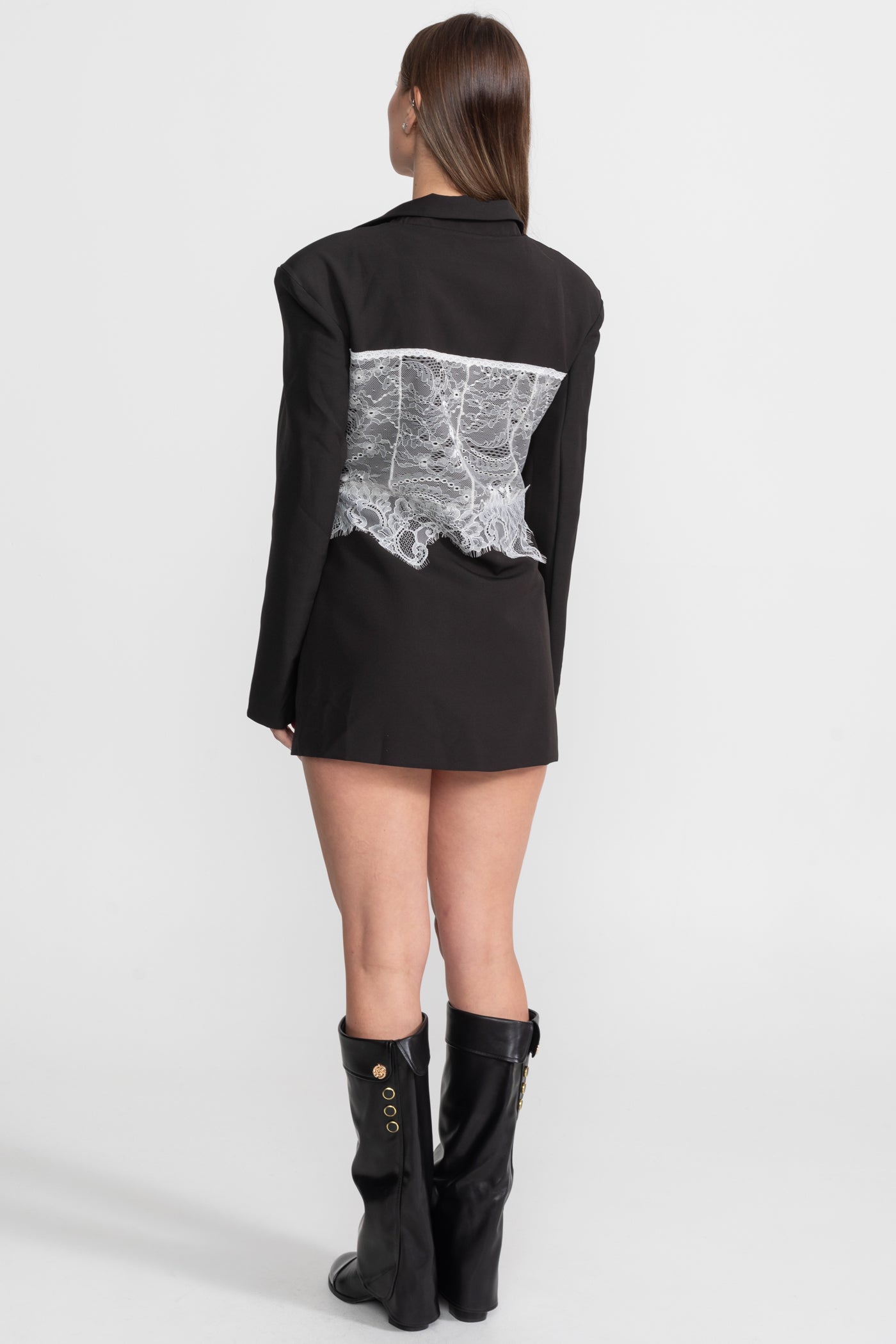Lace Corset Blazer Dress With Deep V-neckline  – Black