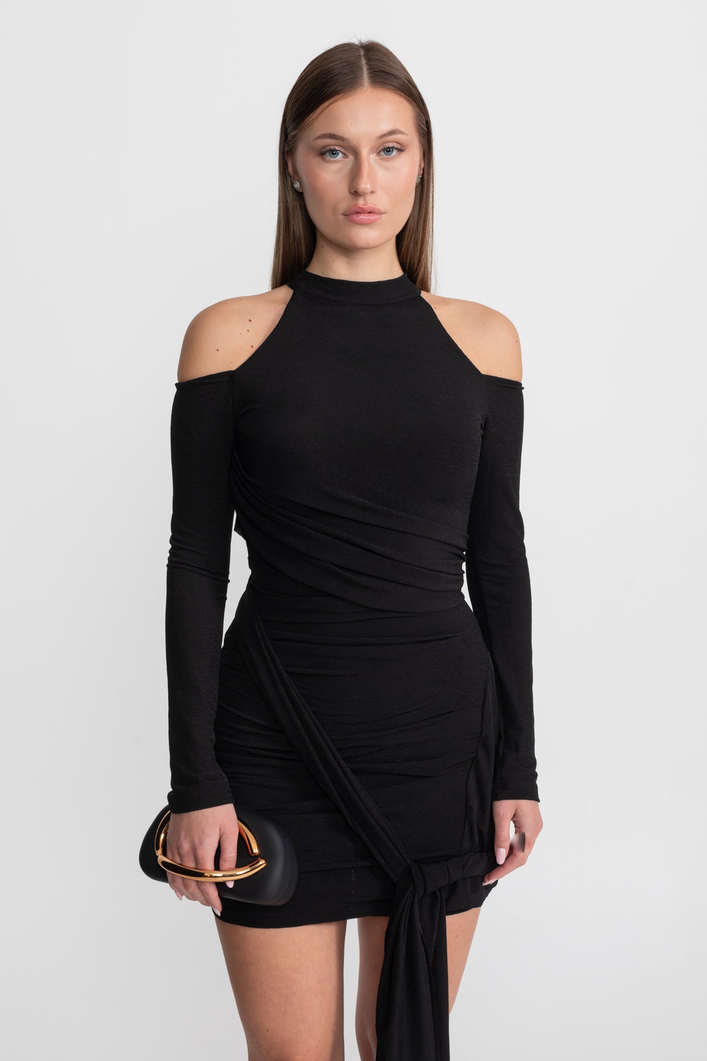 Cold-Shoulder Draped Mini Dress – Black