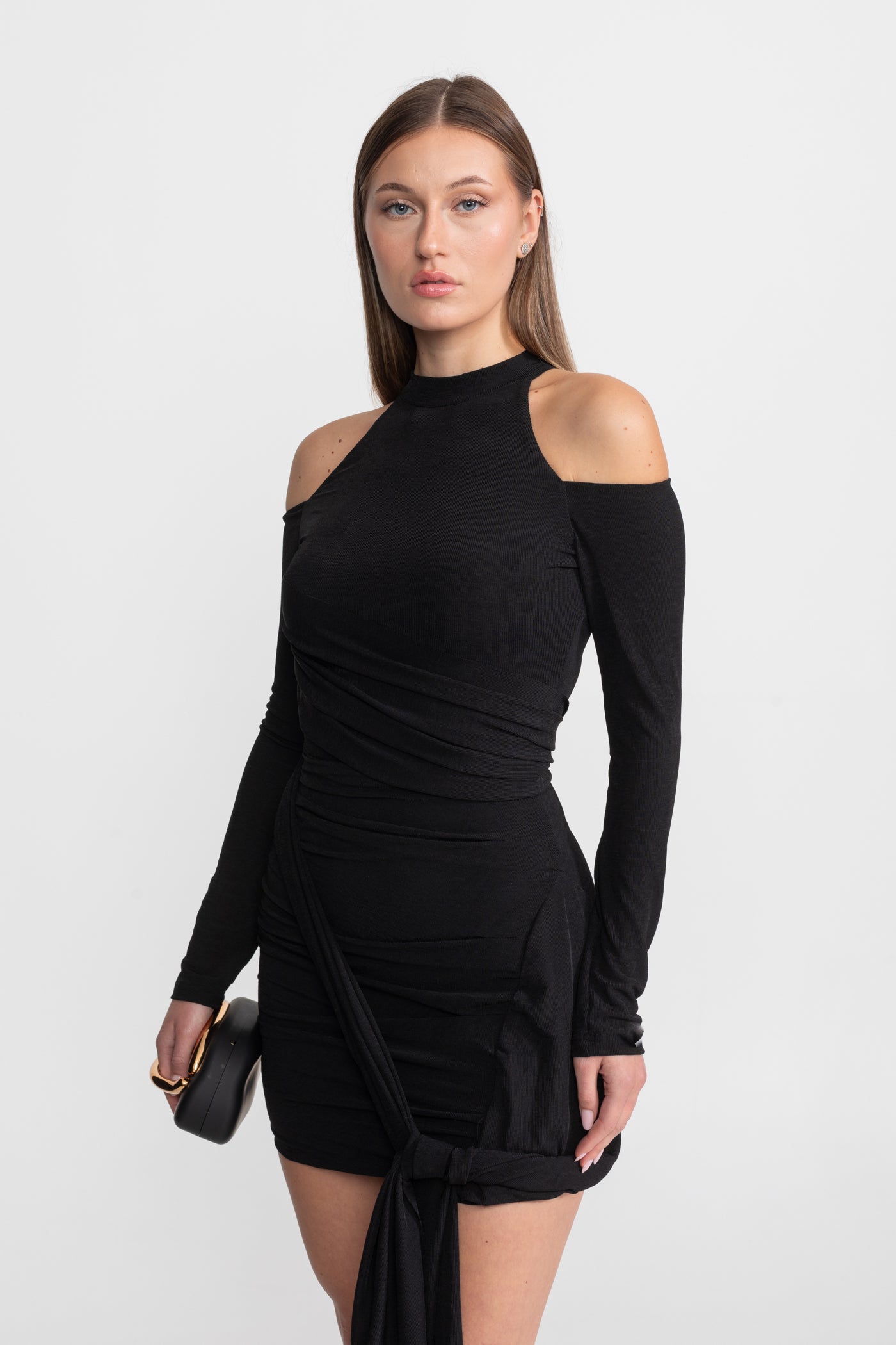 Cold-Shoulder Draped Mini Dress – Black