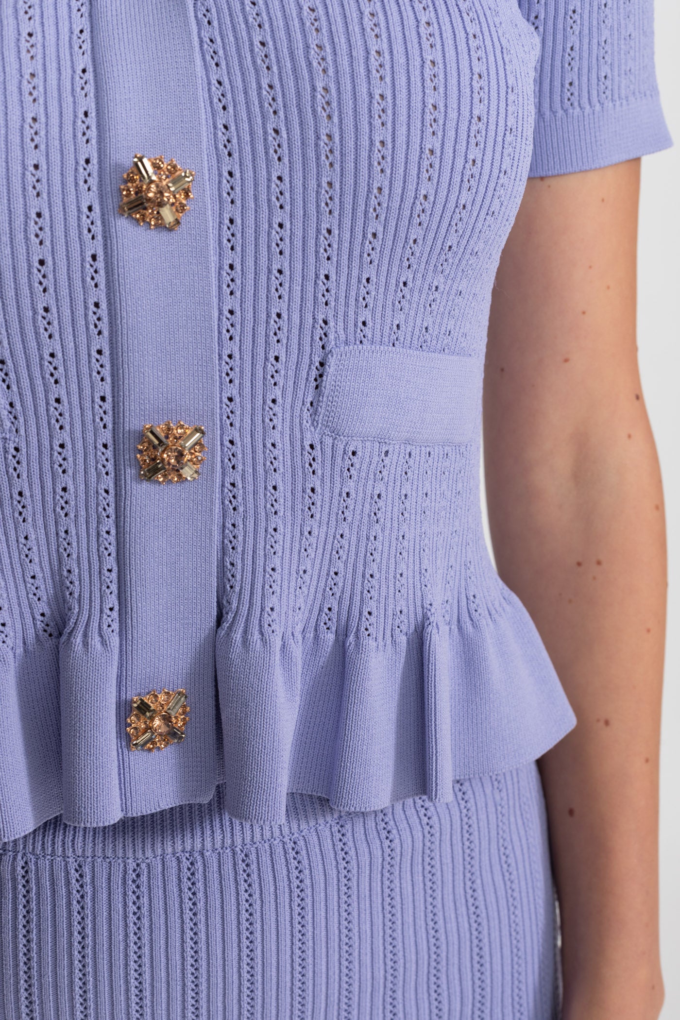 Knit Midi Co-Ord with Peplum Waist and Gold Buttons  – Lilac