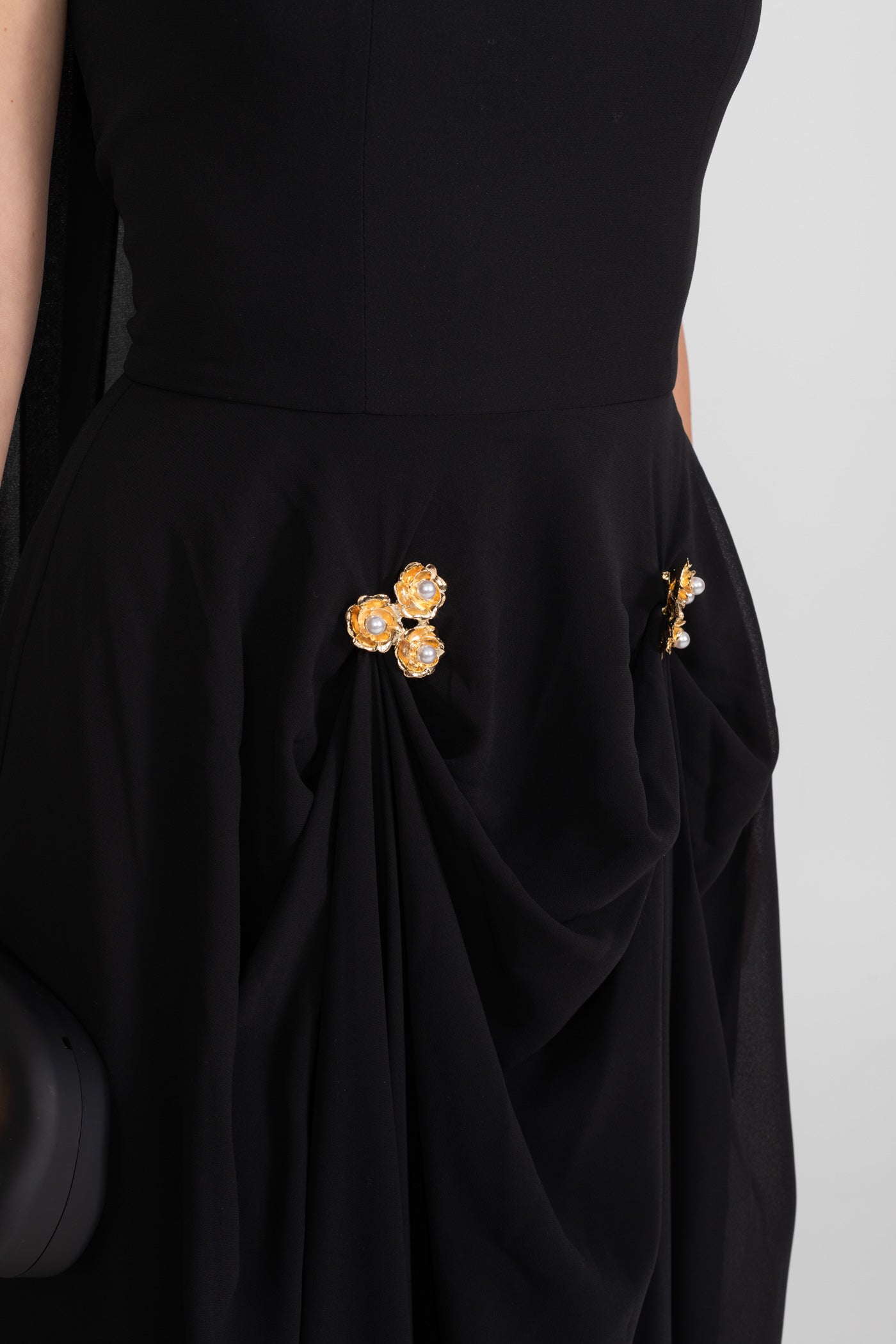 Strapless Draped Gown With Gold Flower Embellishments – Black